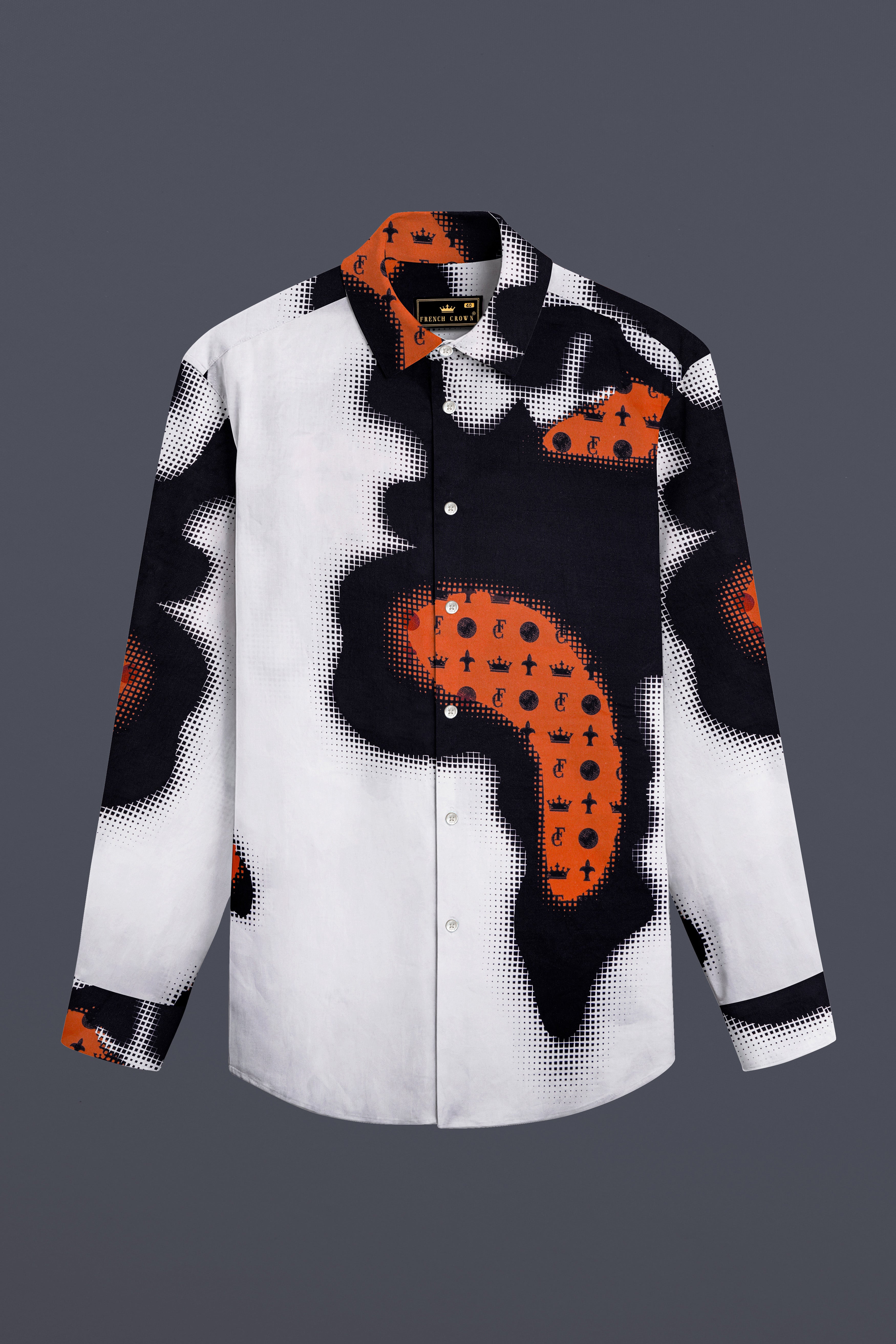 Tuscrest-Almost Blue And Tuscany Orange French Crown Elements Printed Super Soft Premium Cotton Casual Shirt