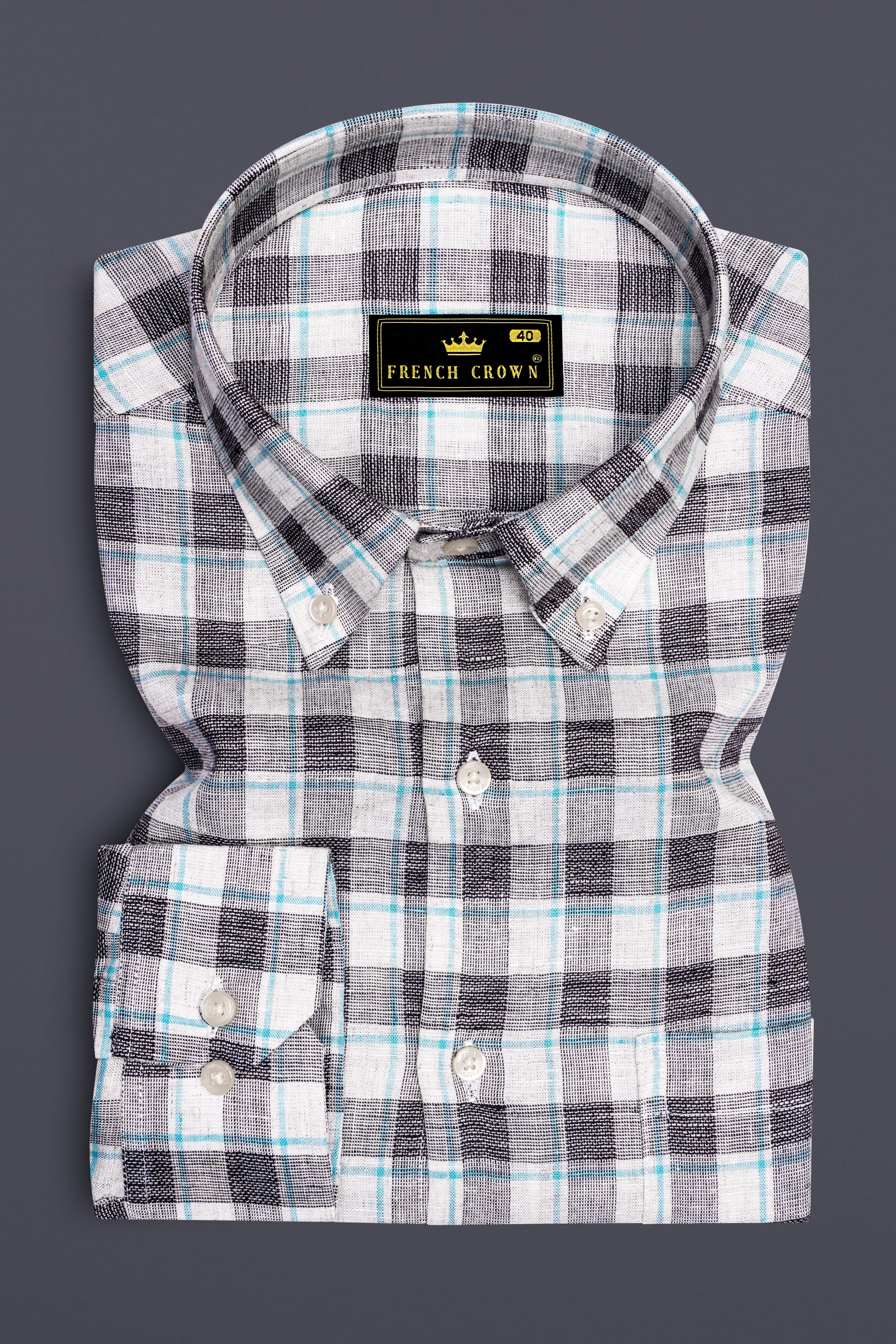 Horizvra-Vista White And Horizon Blue Plaid Luxurious Linen Semi Formal Shirt