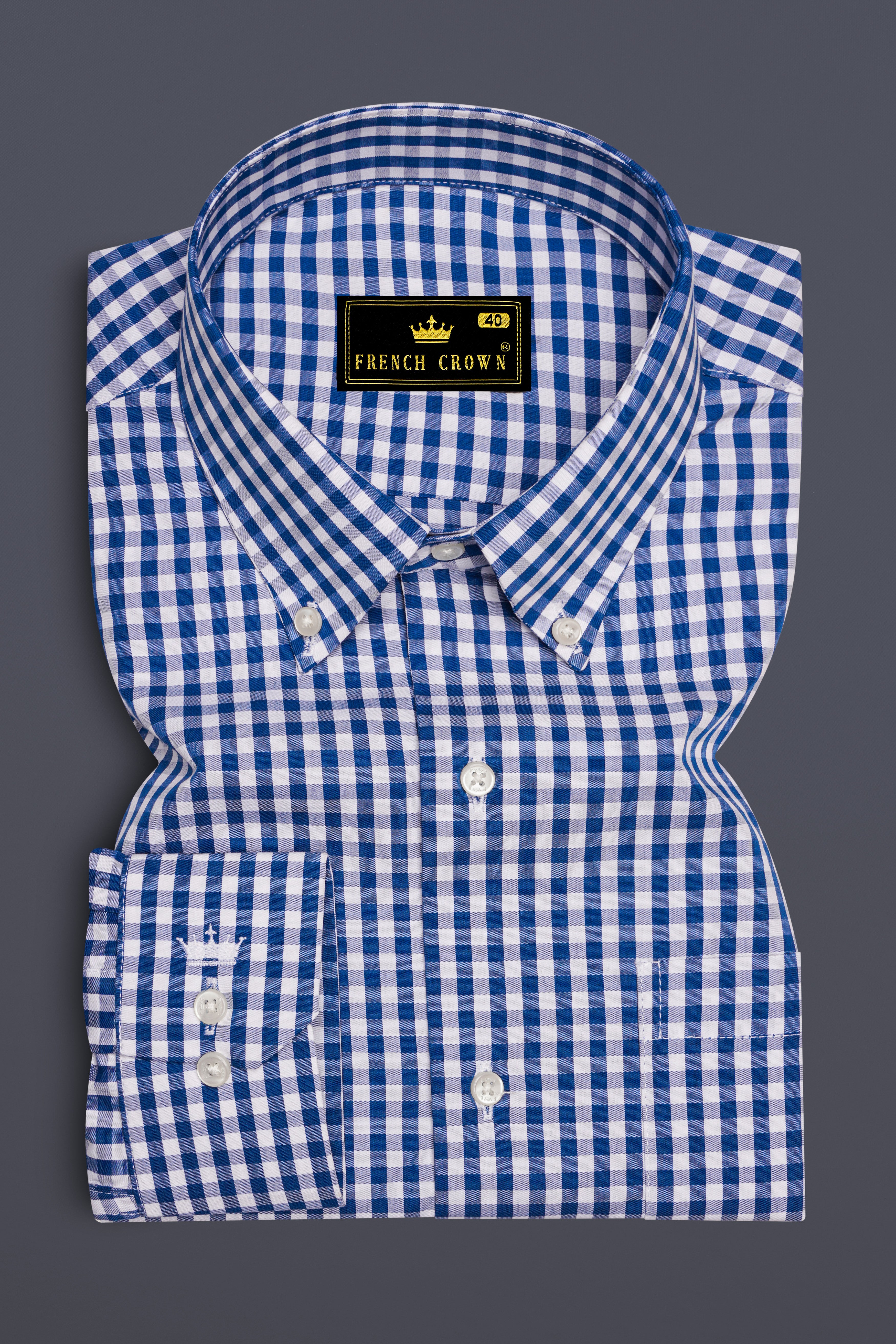 Azivon-Lapis Blue And Bright White Gingham Plaid Super Soft Premium Cotton Semi Formal Shirt
