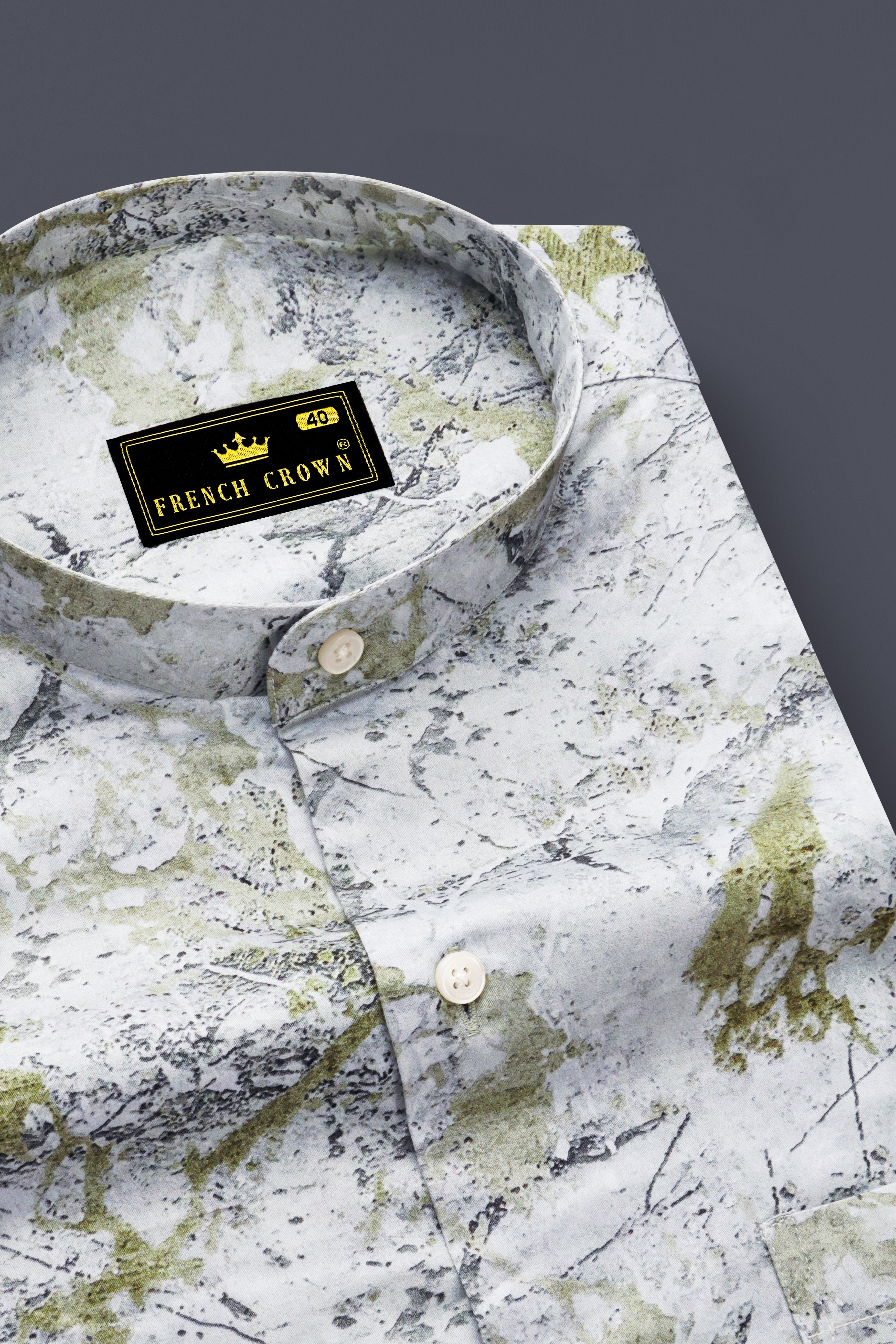 Camivor-Bright White With Camo Green Moss Marble Printed Subtle Sheen Super Soft Premium Cotton Casual Shirt