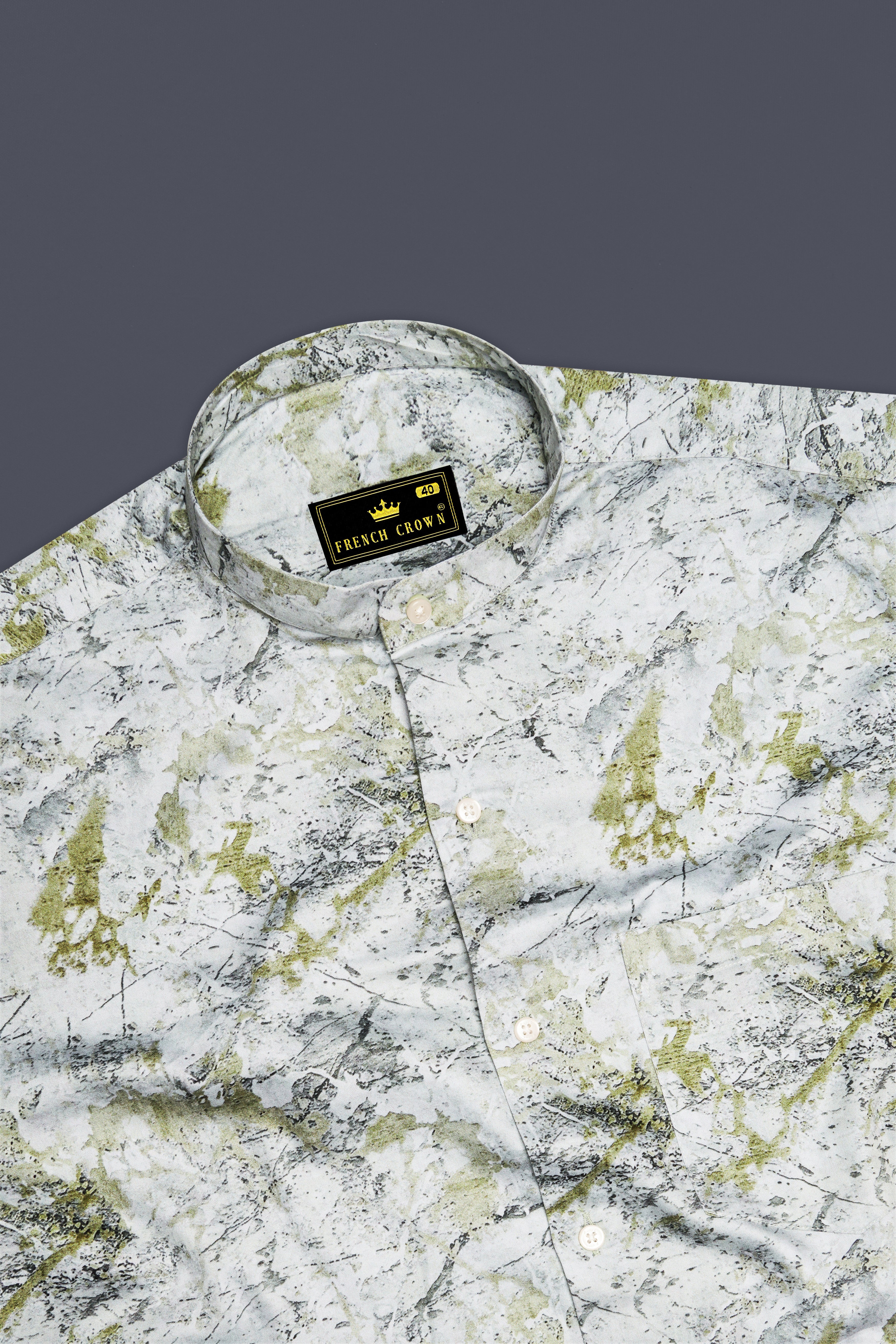 Camivor-Bright White With Camo Green Moss Marble Printed Subtle Sheen Super Soft Premium Cotton Casual Shirt
