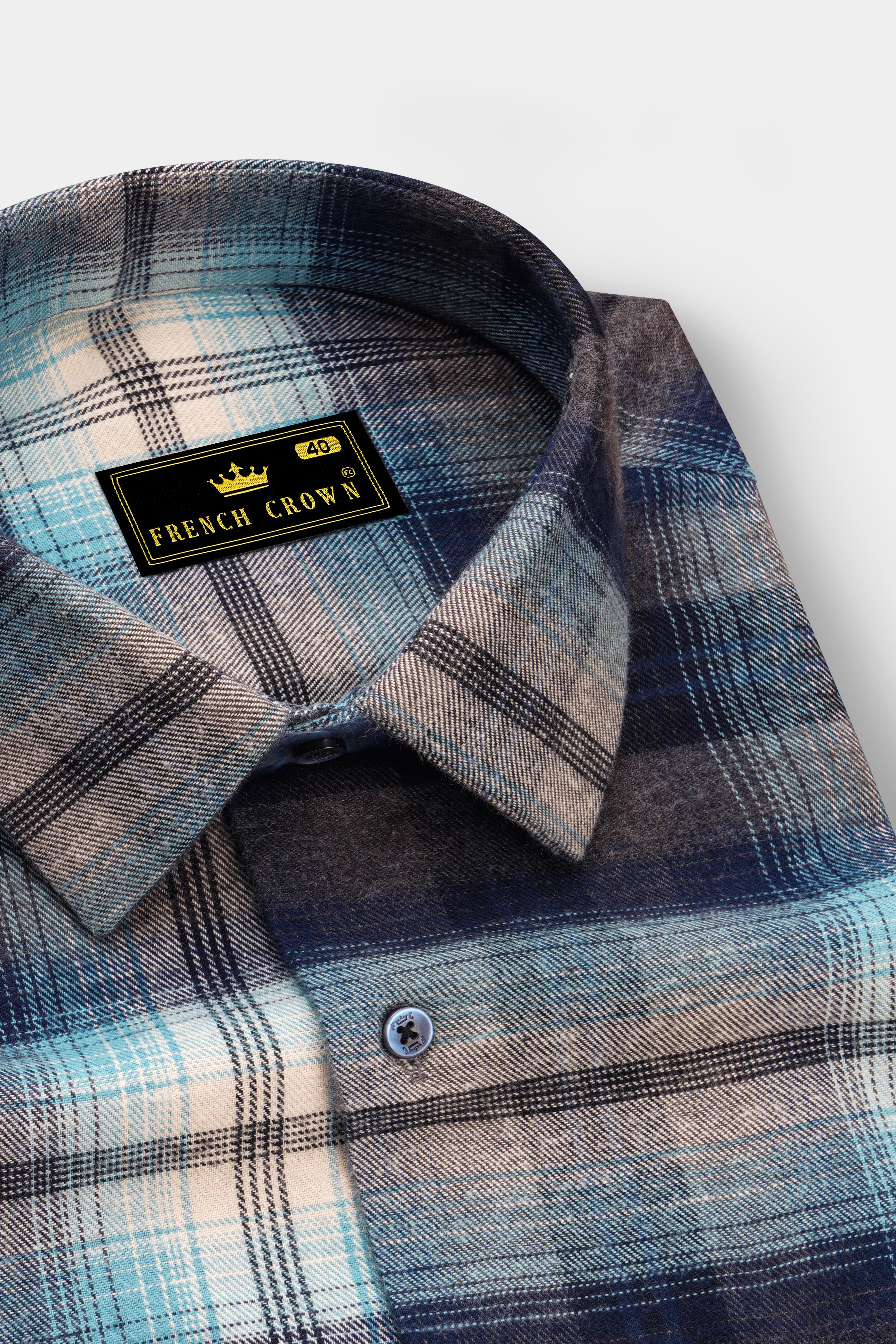 Bianoro-Cinder Blue And Antique Cream Plaid Heavyweight Super Soft Premium Flannel Cotton Casual Shirt