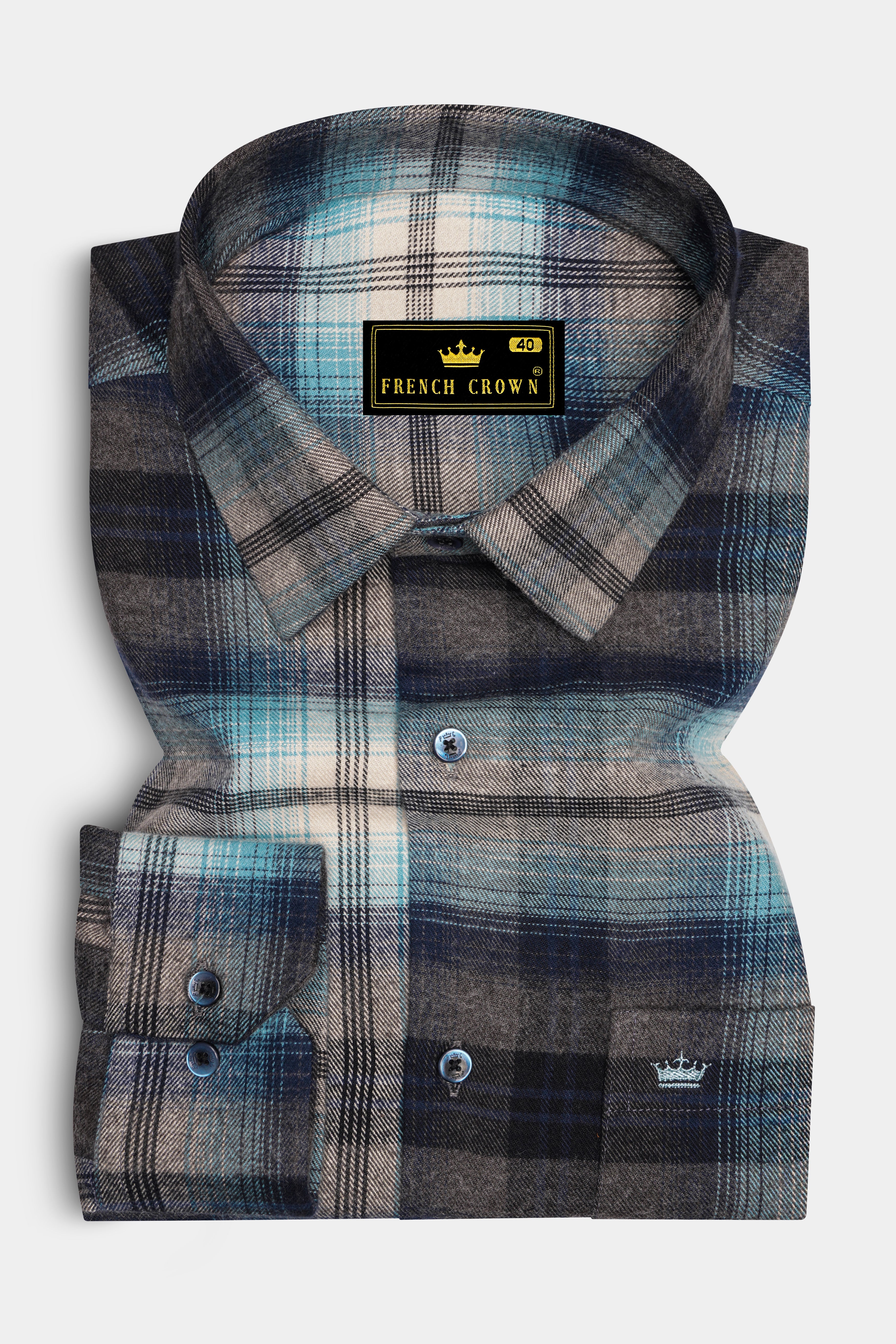 Bianoro-Cinder Blue And Antique Cream Plaid Heavyweight Super Soft Premium Flannel Cotton Casual Shirt