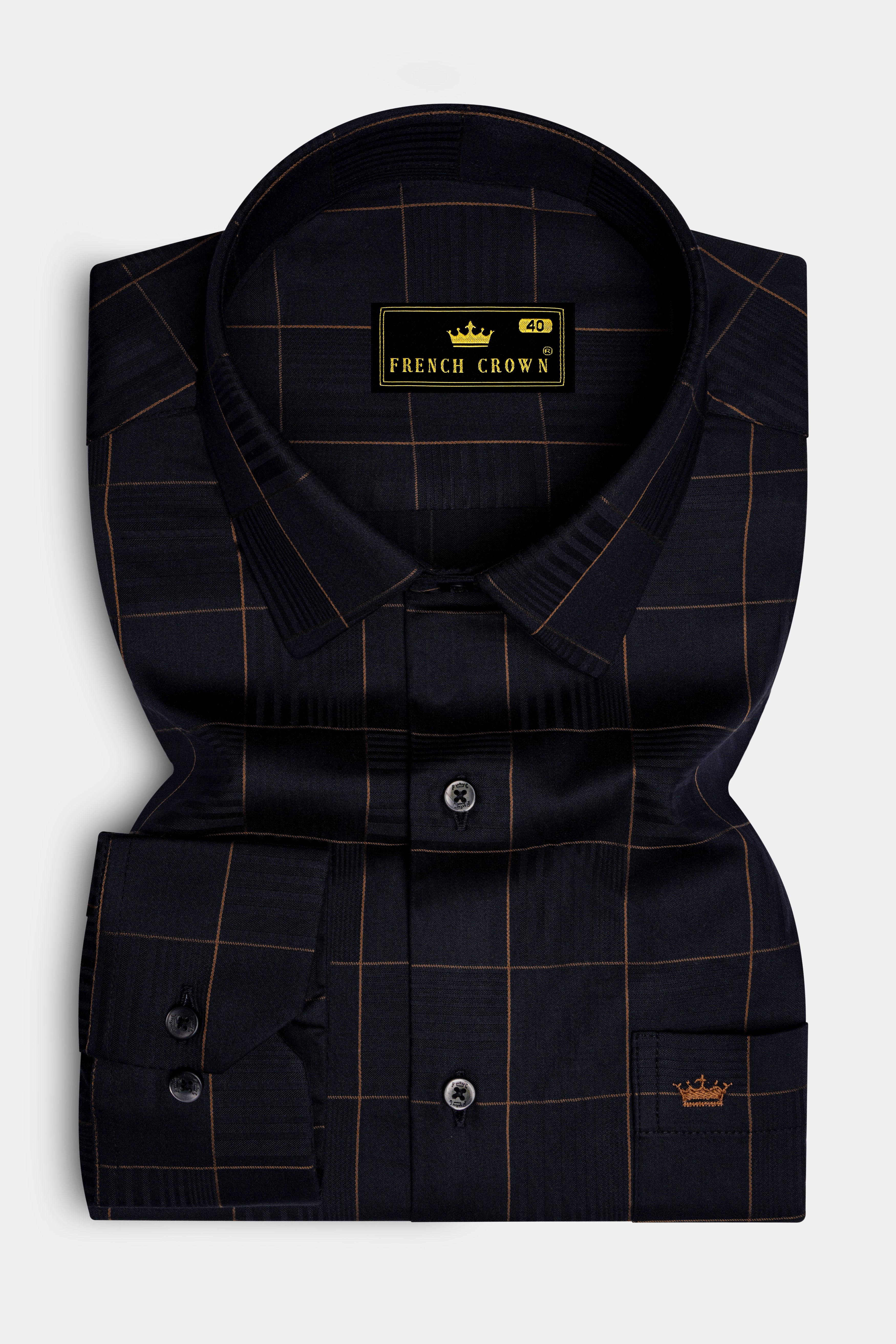 Aurenzo-Jade Black And Earth Orange Windowpane Jacquard Textured Premium Cotton Dress Shirt