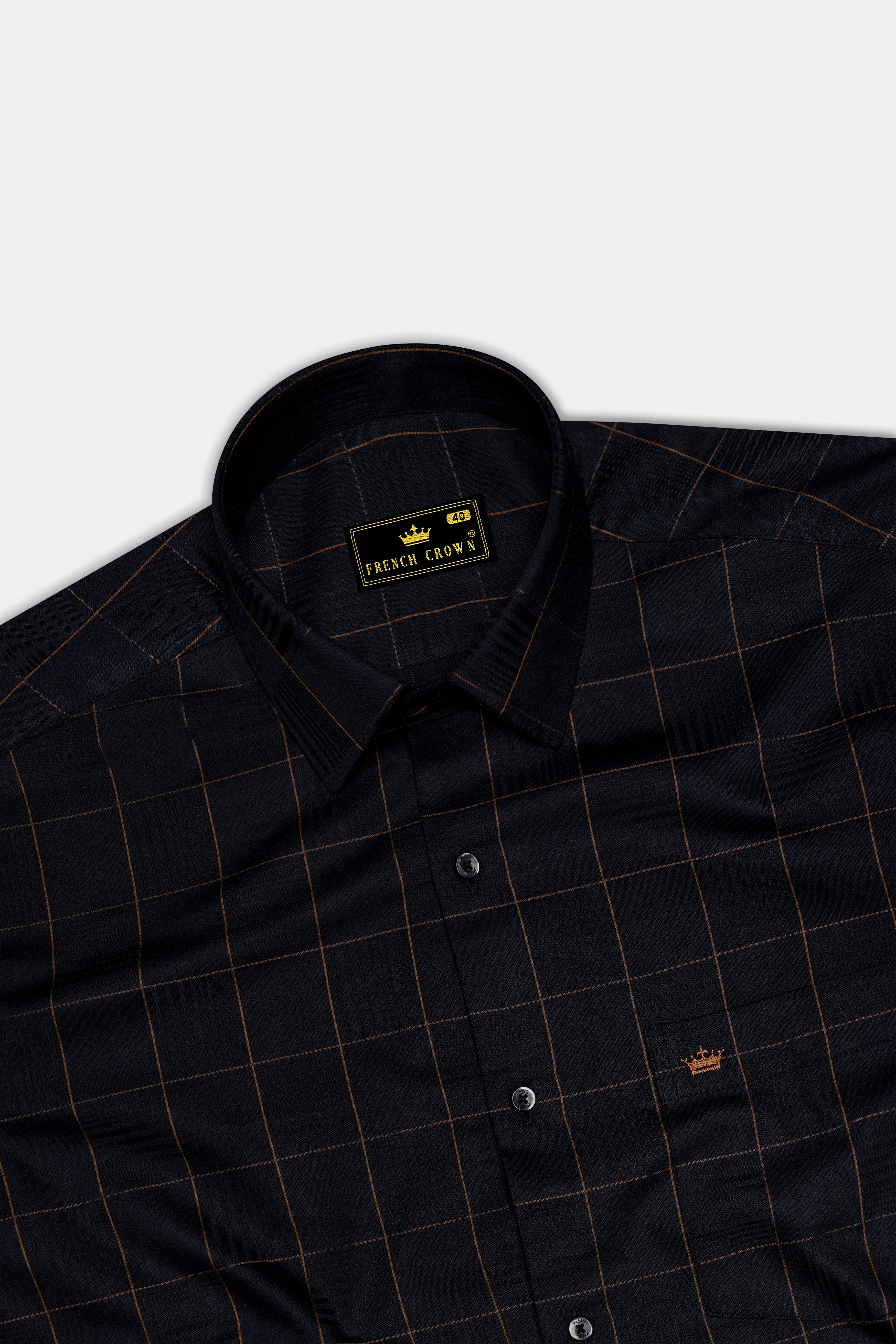 Aurenzo-Jade Black And Earth Orange Windowpane Jacquard Textured Premium Cotton Dress Shirt