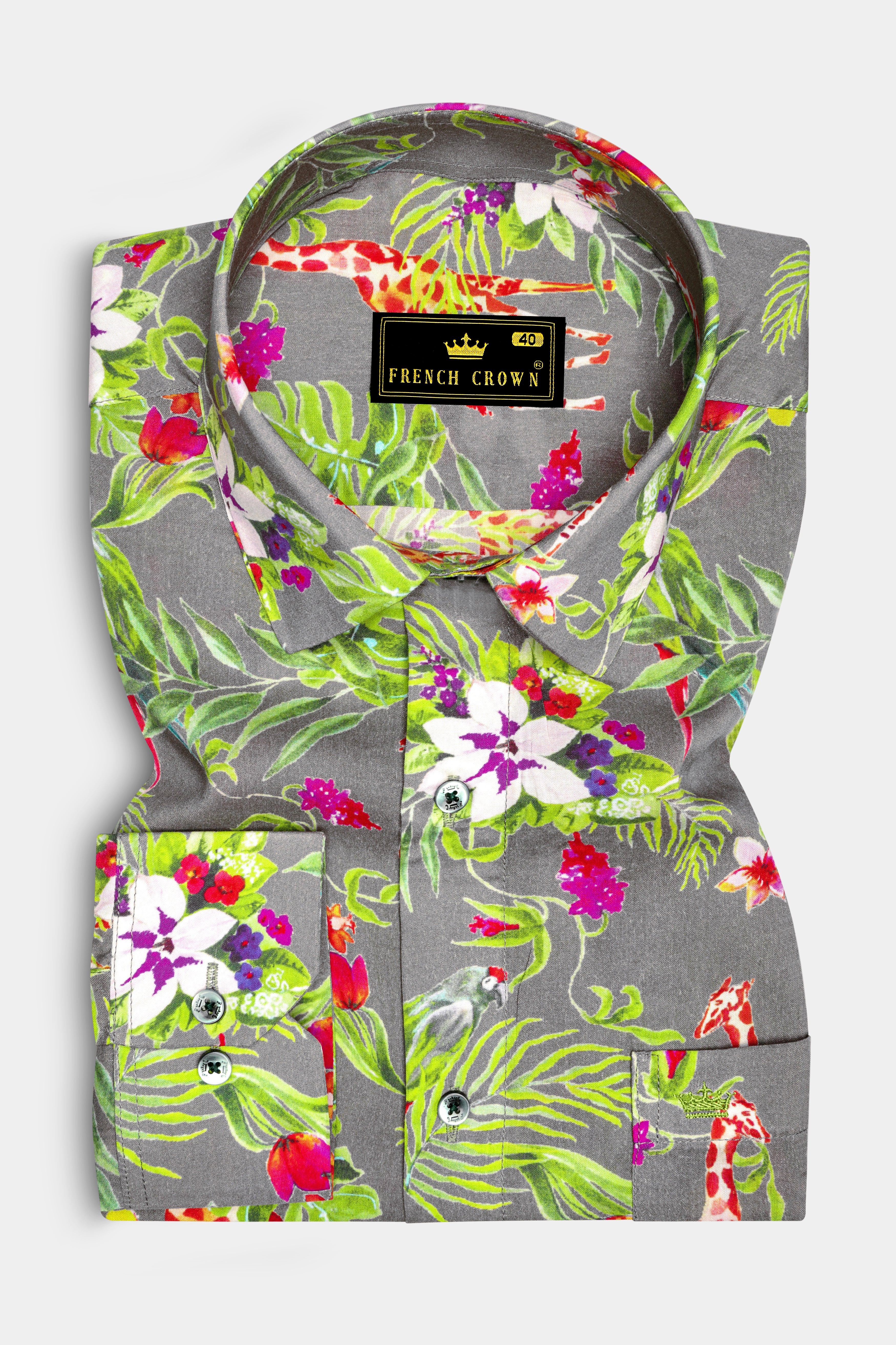 Cinerflo-Friar Gray And Forest Green Floral Printed Super Soft Premium Giza Cotton Casual Shirt