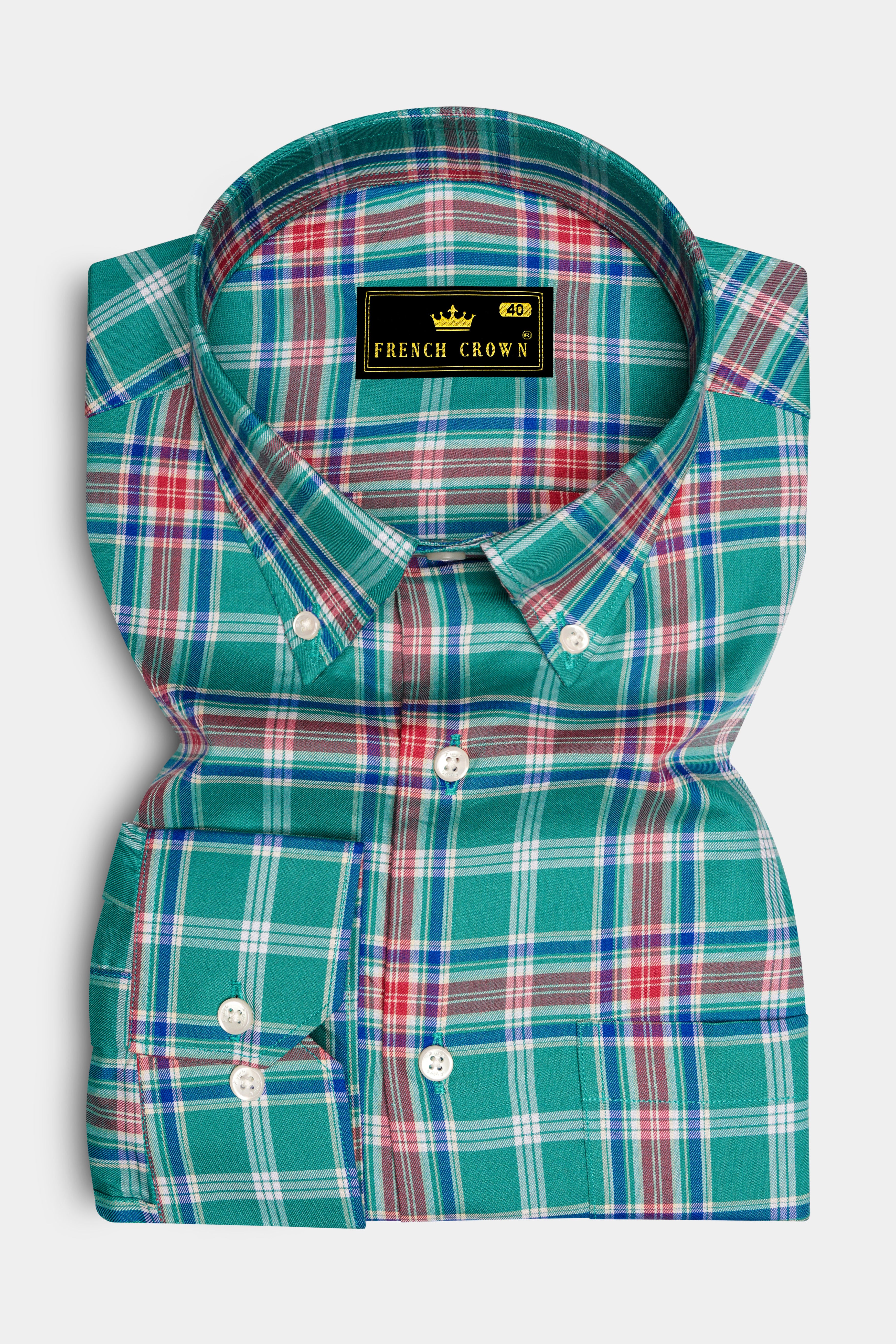 Cranivo-Eif Green And Cranberry Pink Plaid Twill Premium Cotton Semi Formal Shirt
