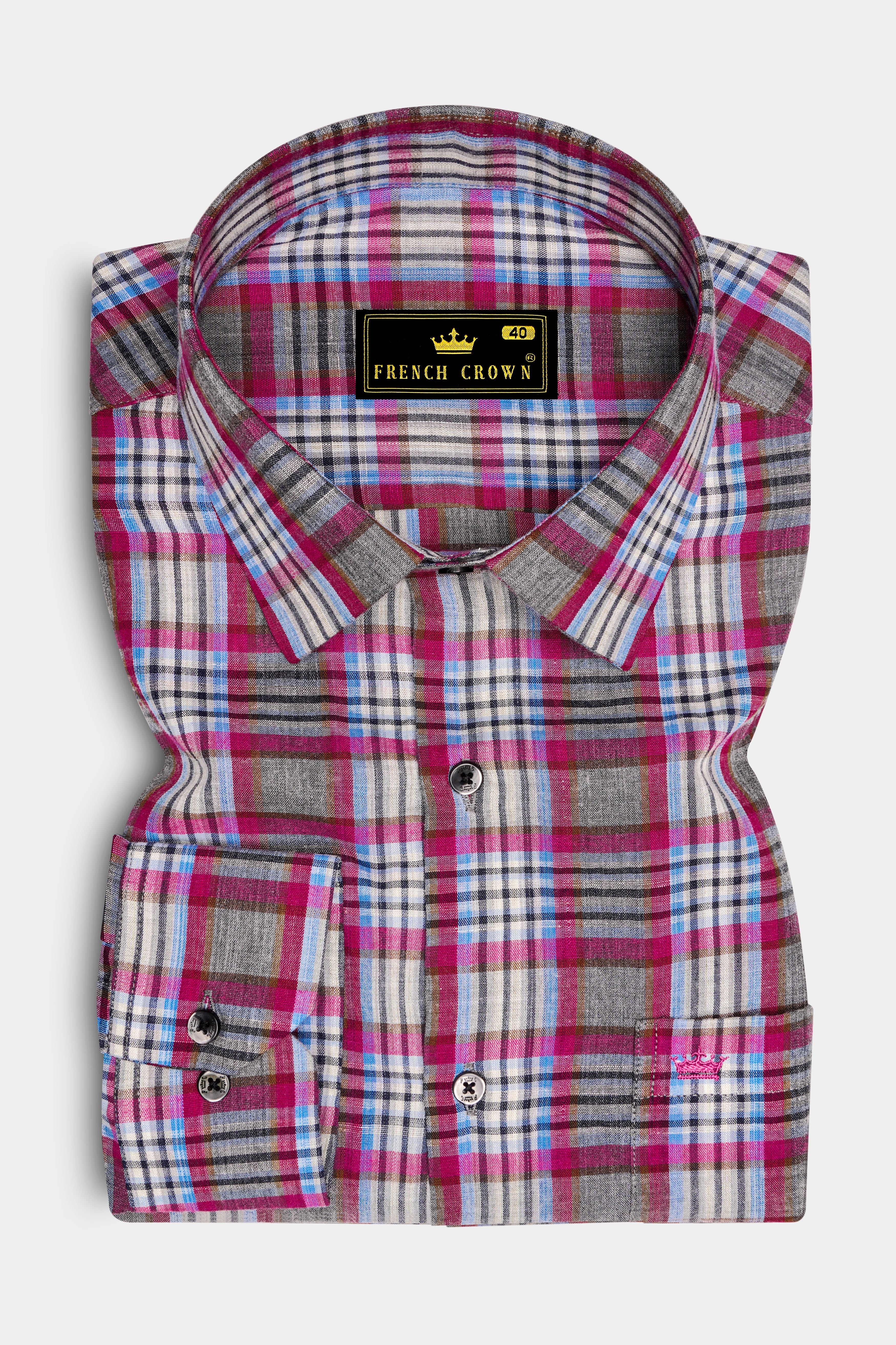 Umbrora-Cloudy Gray And Jazzberry Pink Plaid Super Soft Premium Cotton Semi Formal Shirt