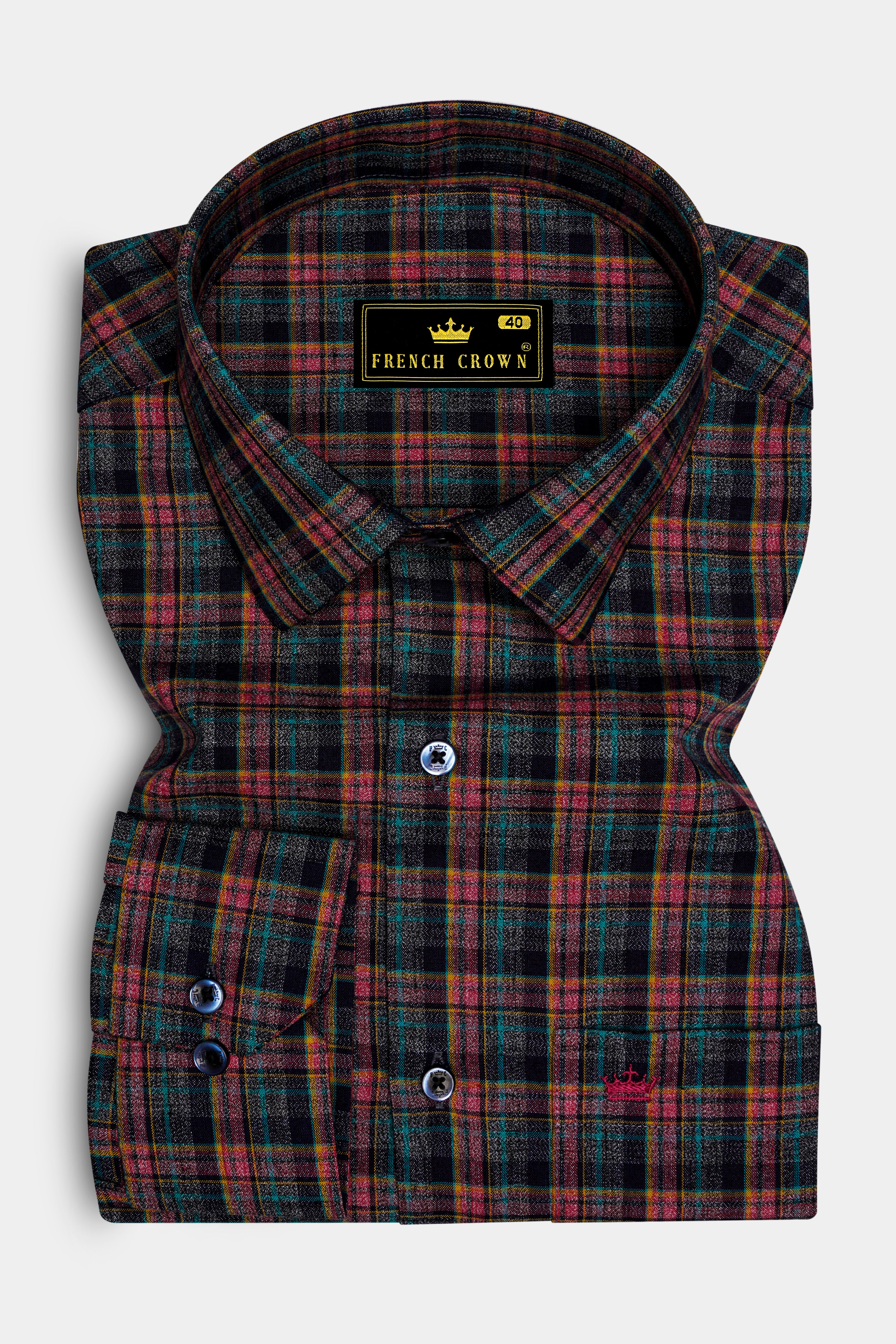 Rubenzo-Bole Red And Petrol Blue Plaid Dobby Textured Premium Cotton Dress Shirt