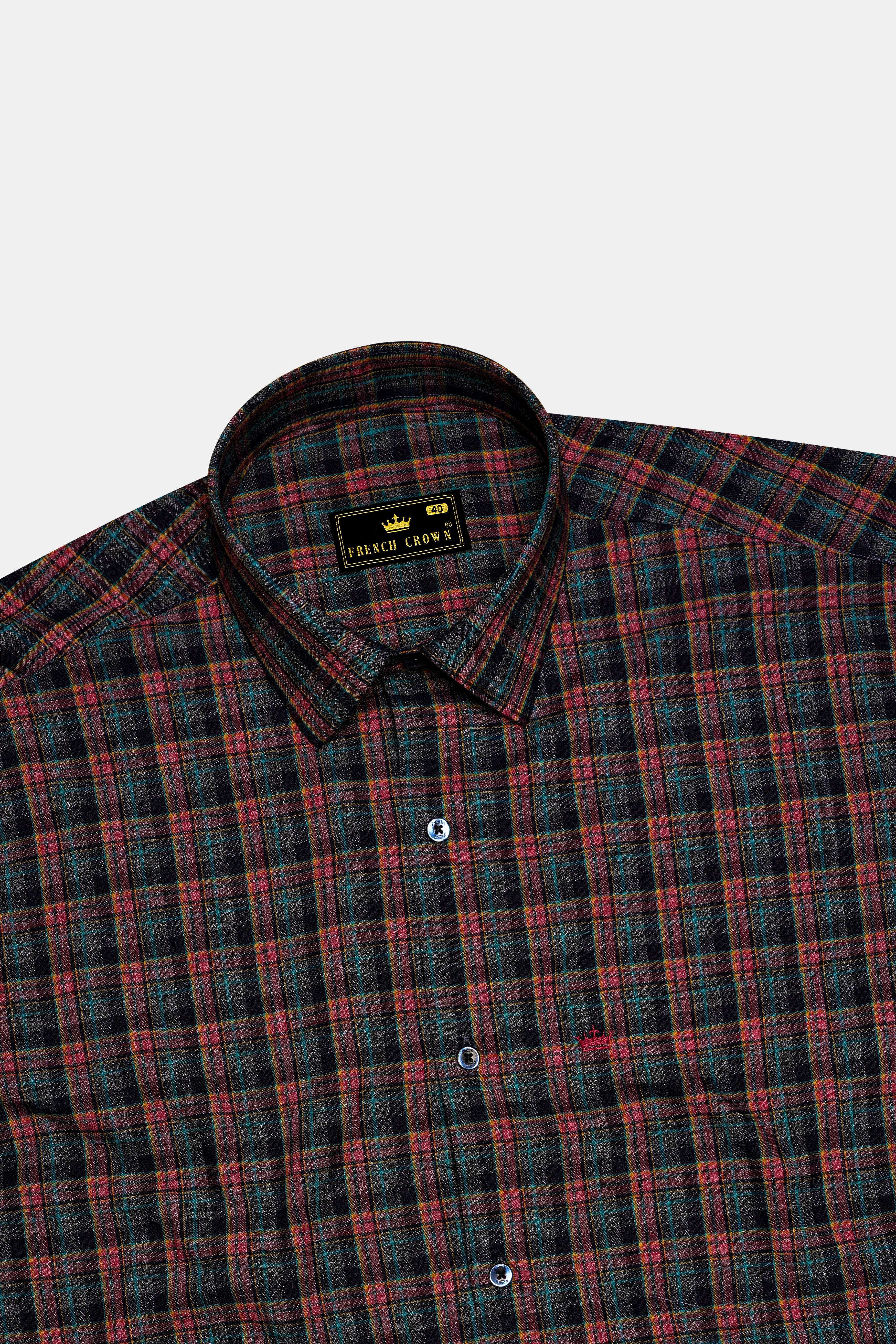Rubenzo-Bole Red And Petrol Blue Plaid Dobby Textured Premium Cotton Dress Shirt