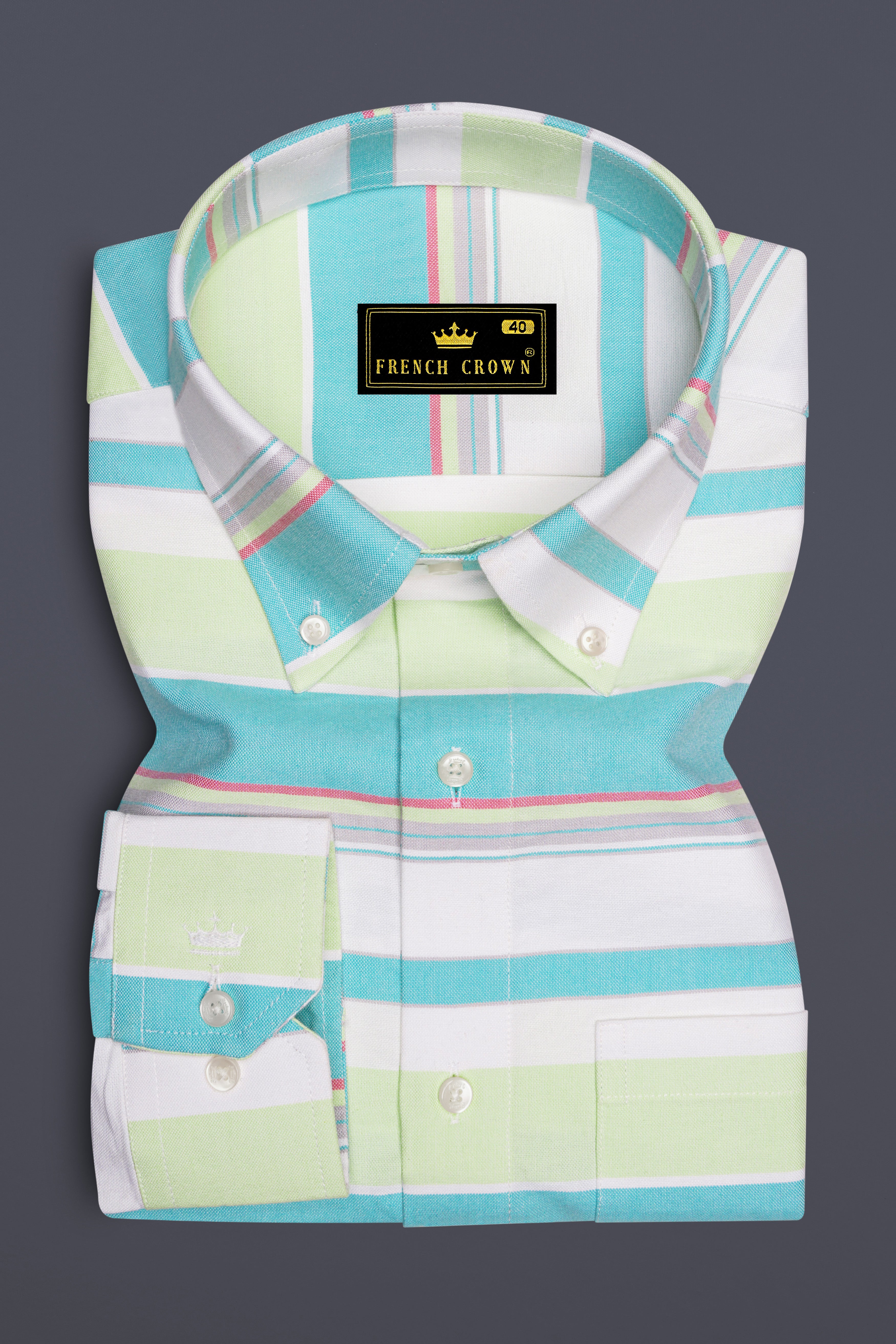 Oceverde-Bermuda Blue And Sprout Green Bayadere Striped Heavy Weight Oxford Premium Cotton Casual Shirt