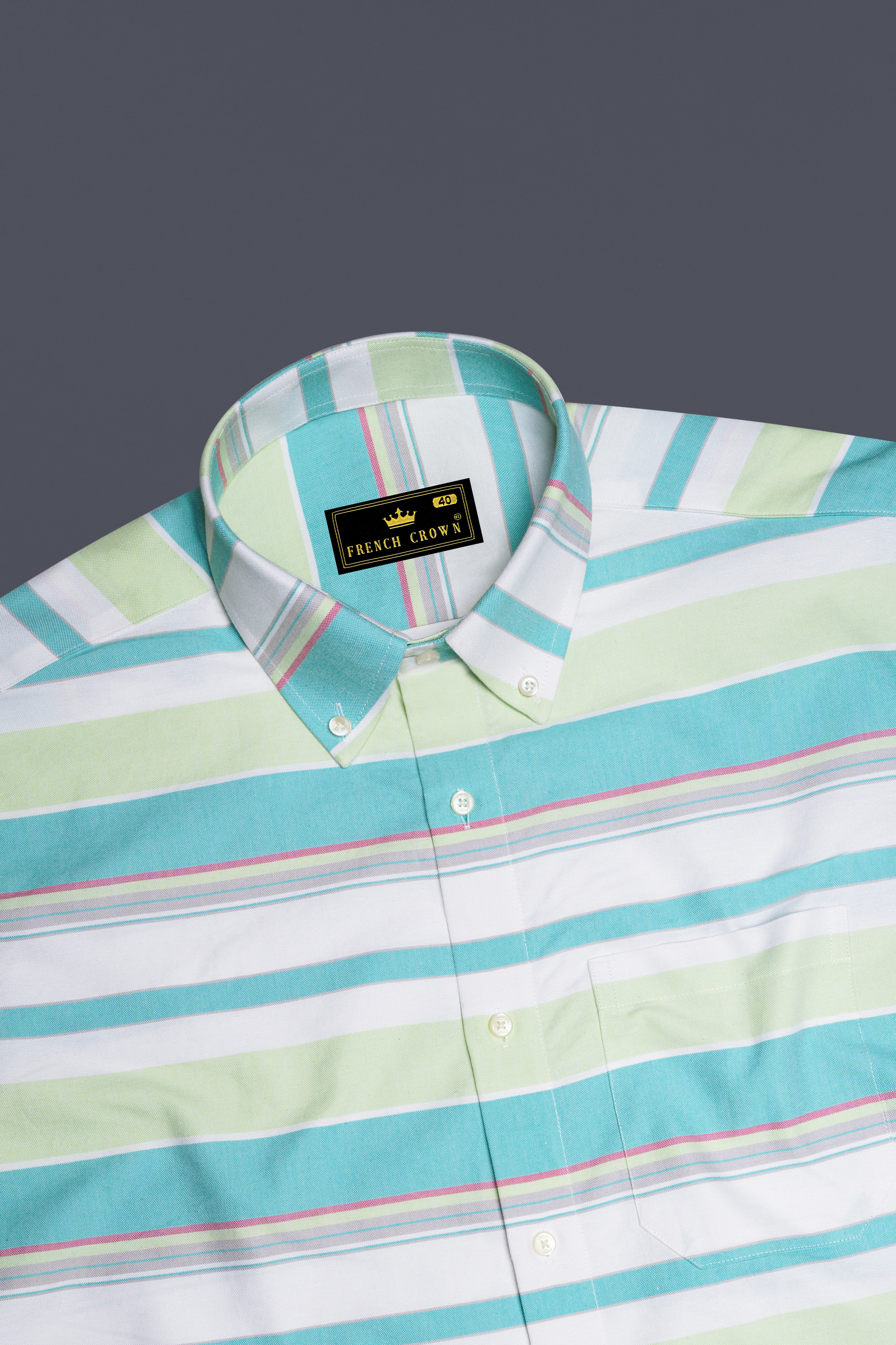 Oceverde-Bermuda Blue And Sprout Green Bayadere Striped Heavy Weight Oxford Premium Cotton Casual Shirt