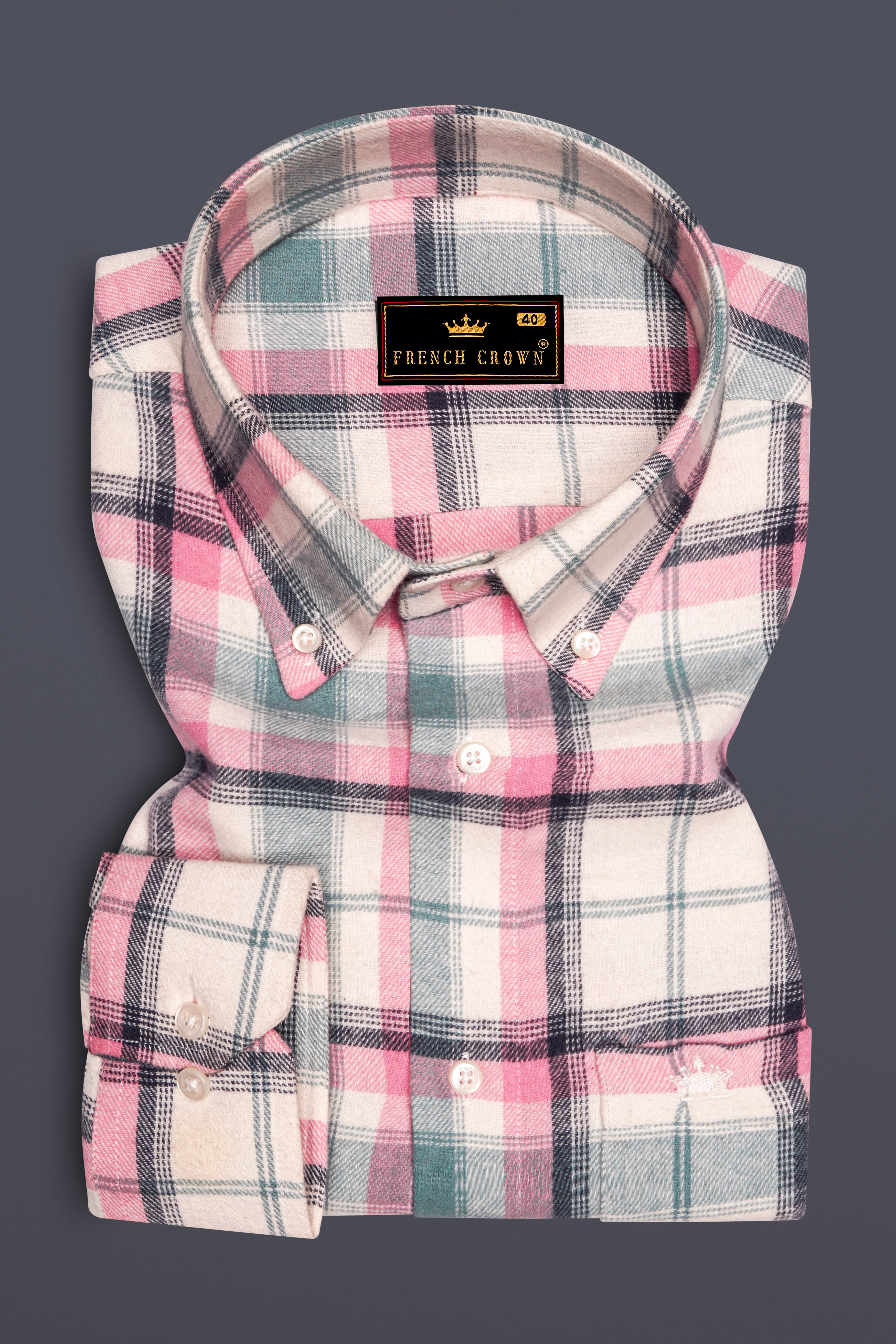 Rosavon-Thulian Pink And Vanilla Cream Plaid Heavyweight Premium Flannel Cotton Casual Shirt
