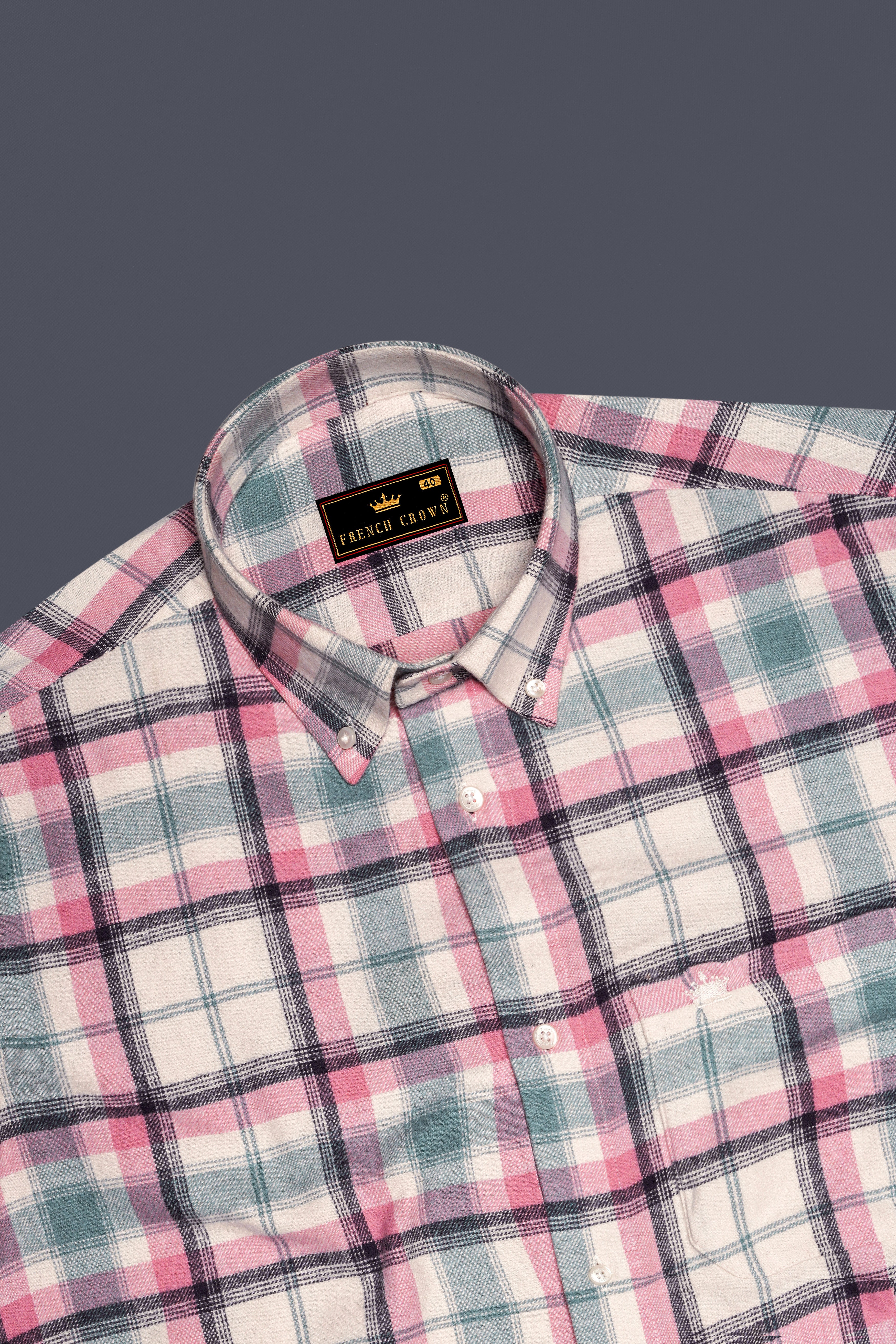 Rosavon-Thulian Pink And Vanilla Cream Plaid Heavyweight Premium Flannel Cotton Casual Shirt
