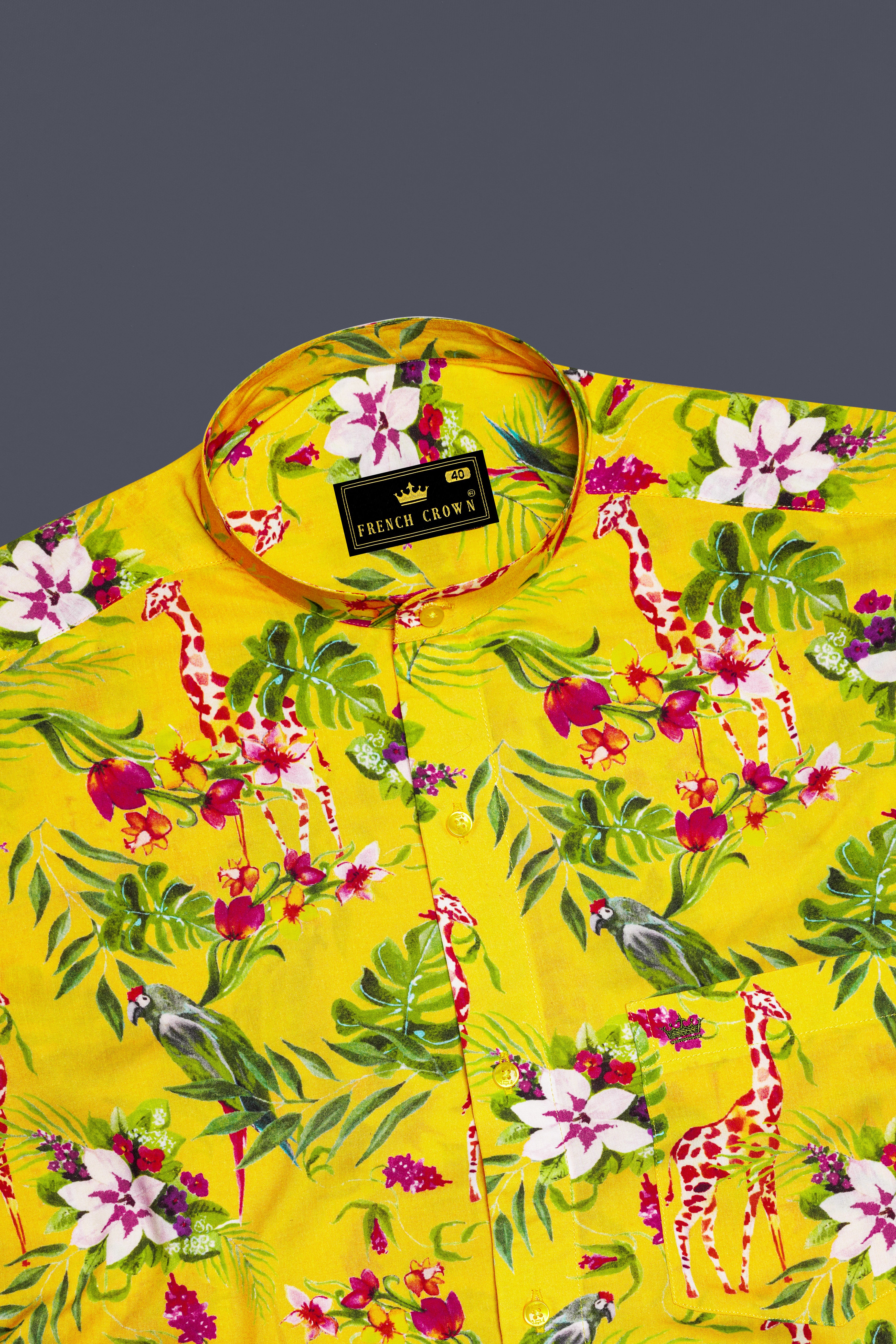 Aurevia-Supernova Yellow And Mustard Green Floral Printed Light weight Premium Giza Cotton Casual Shirt