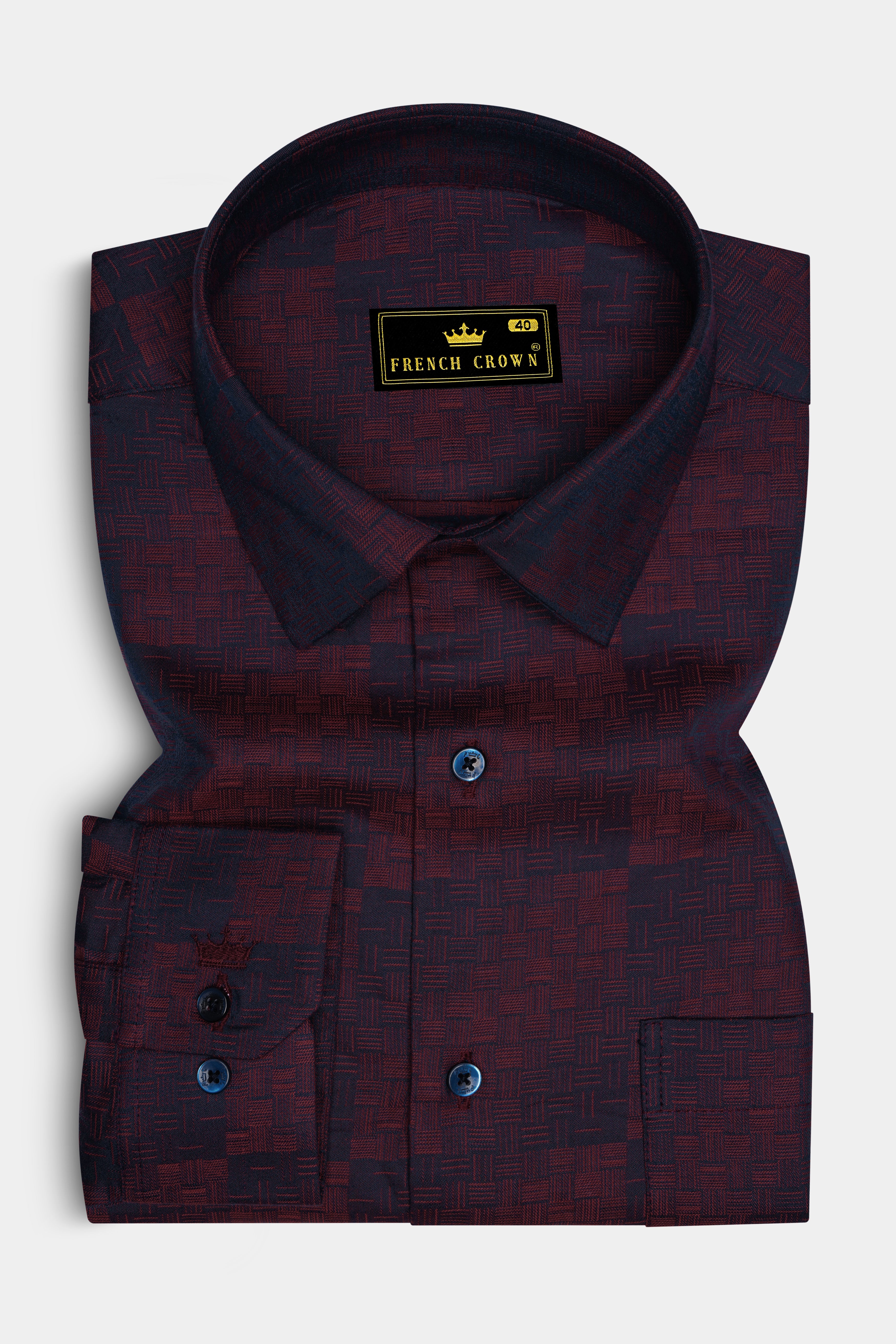 Azureno-Haiti Blue And Berry Red Jacquard Textured Premium Cotton Dress Shirt