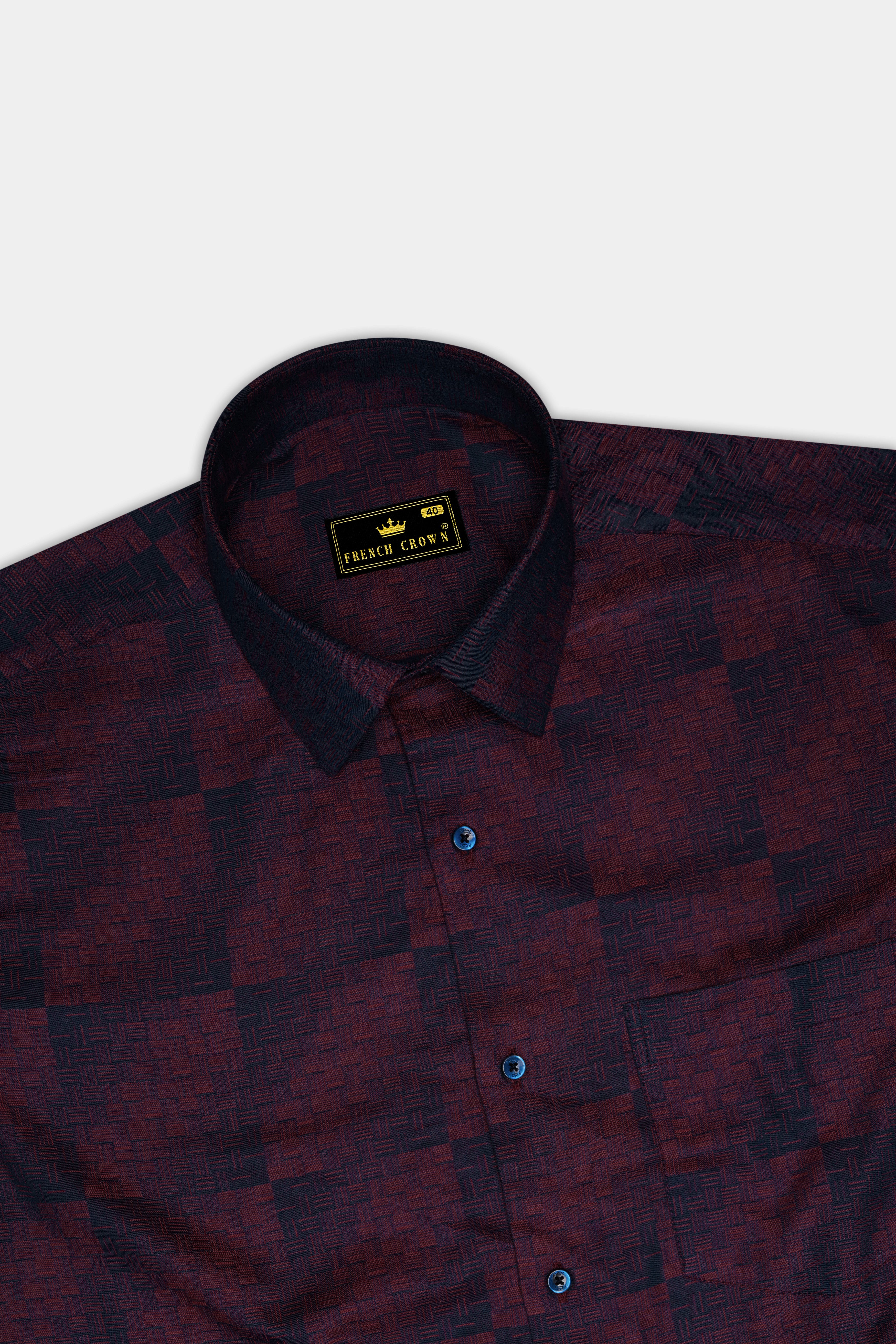 Azureno-Haiti Blue And Berry Red Jacquard Textured Premium Cotton Dress Shirt