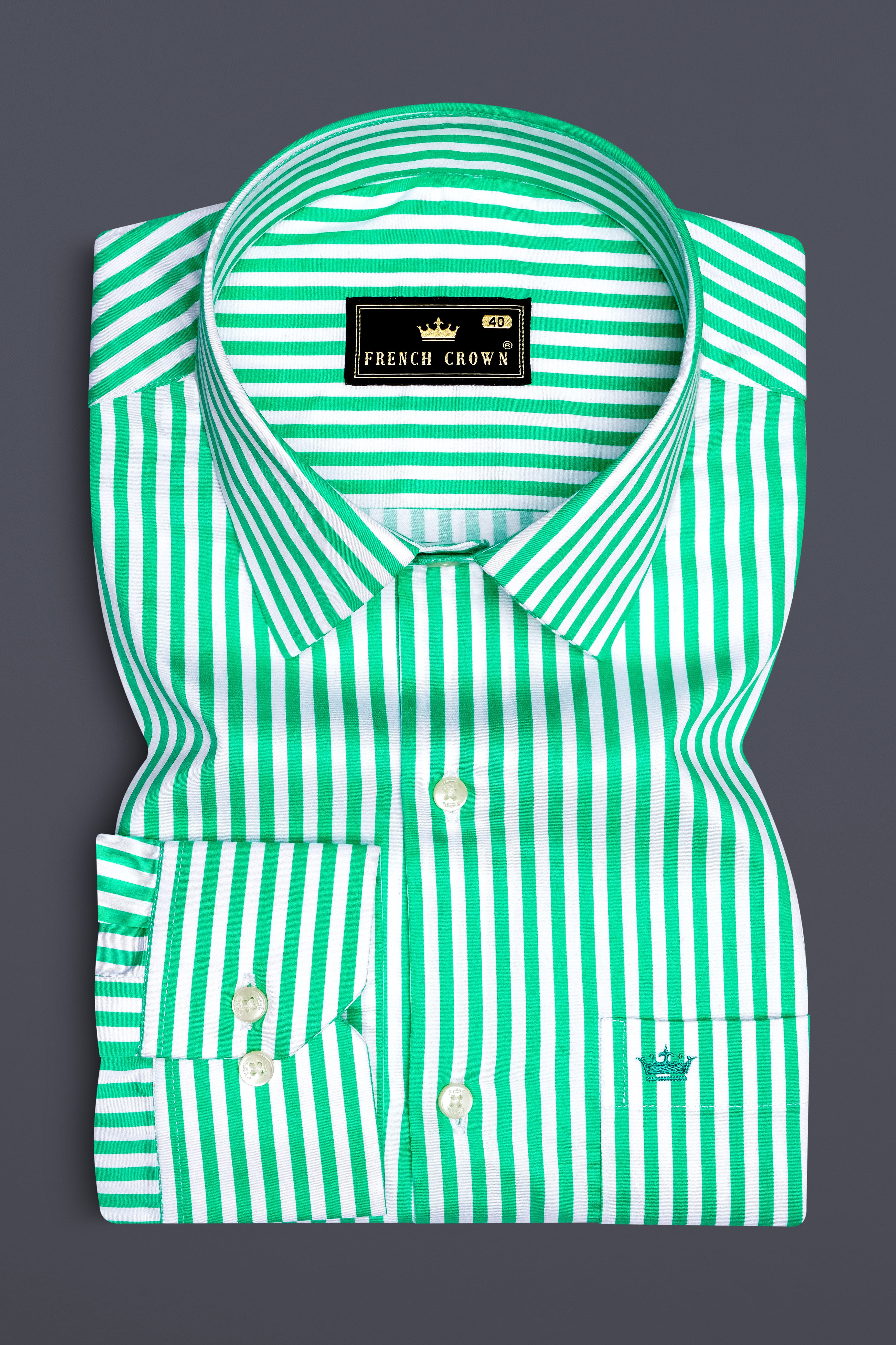 Virenza-Tealish Green And Bright White Candy Striped Subtle Sheen Super Soft Premium Cotton Dress Shirt
