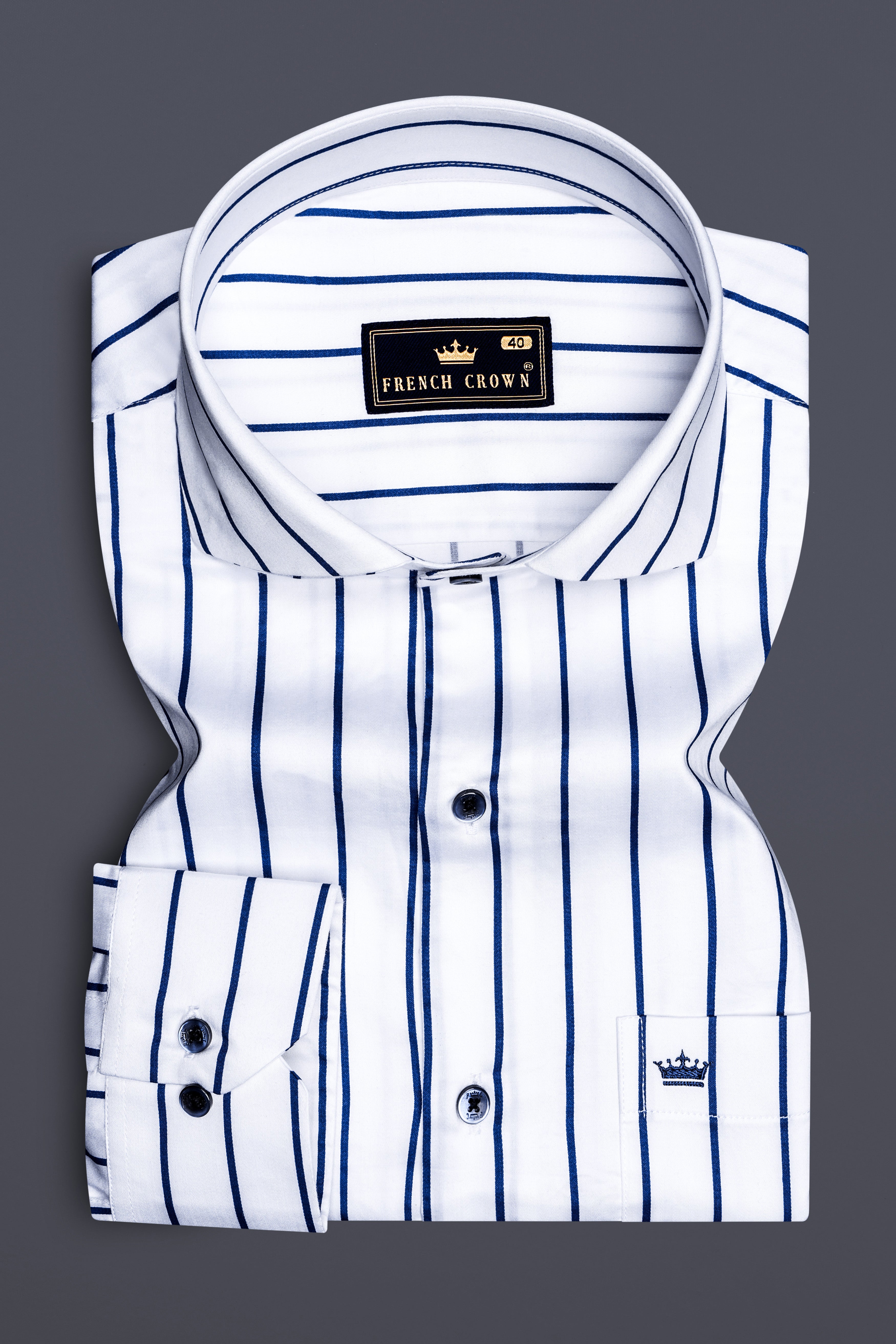 Lustrivon-Bright White And Downriver Blue Pin Striped Subtle Sheen Super Soft Premium Cotton Cut Away Collar Dress Shirt