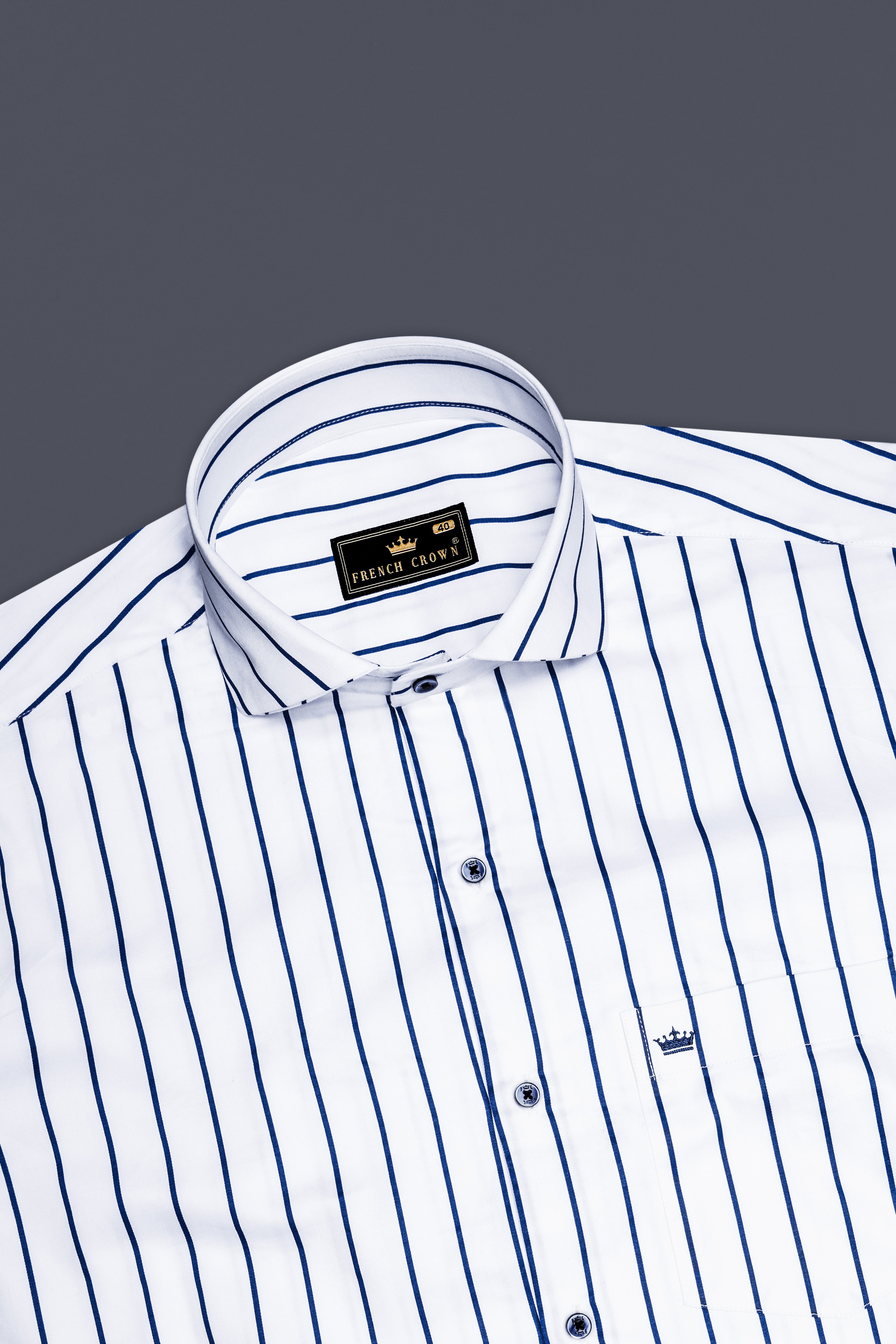 Lustrivon-Bright White And Downriver Blue Pin Striped Subtle Sheen Super Soft Premium Cotton Cut Away Collar Dress Shirt