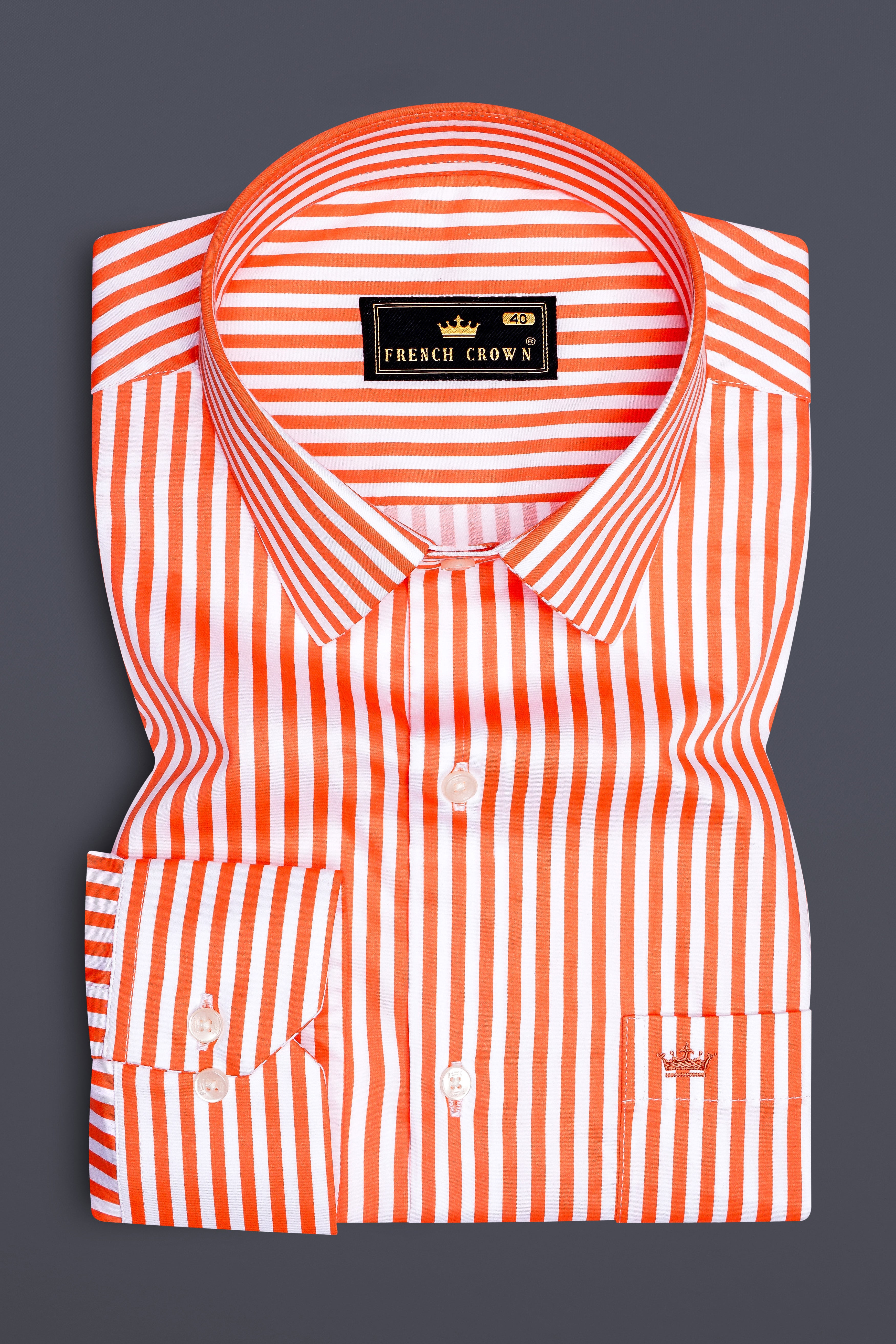 Arancio-Bittersweet Orange And Bright White Candy Striped Subtle Sheen Super Soft Premium Cotton Dress Shirt