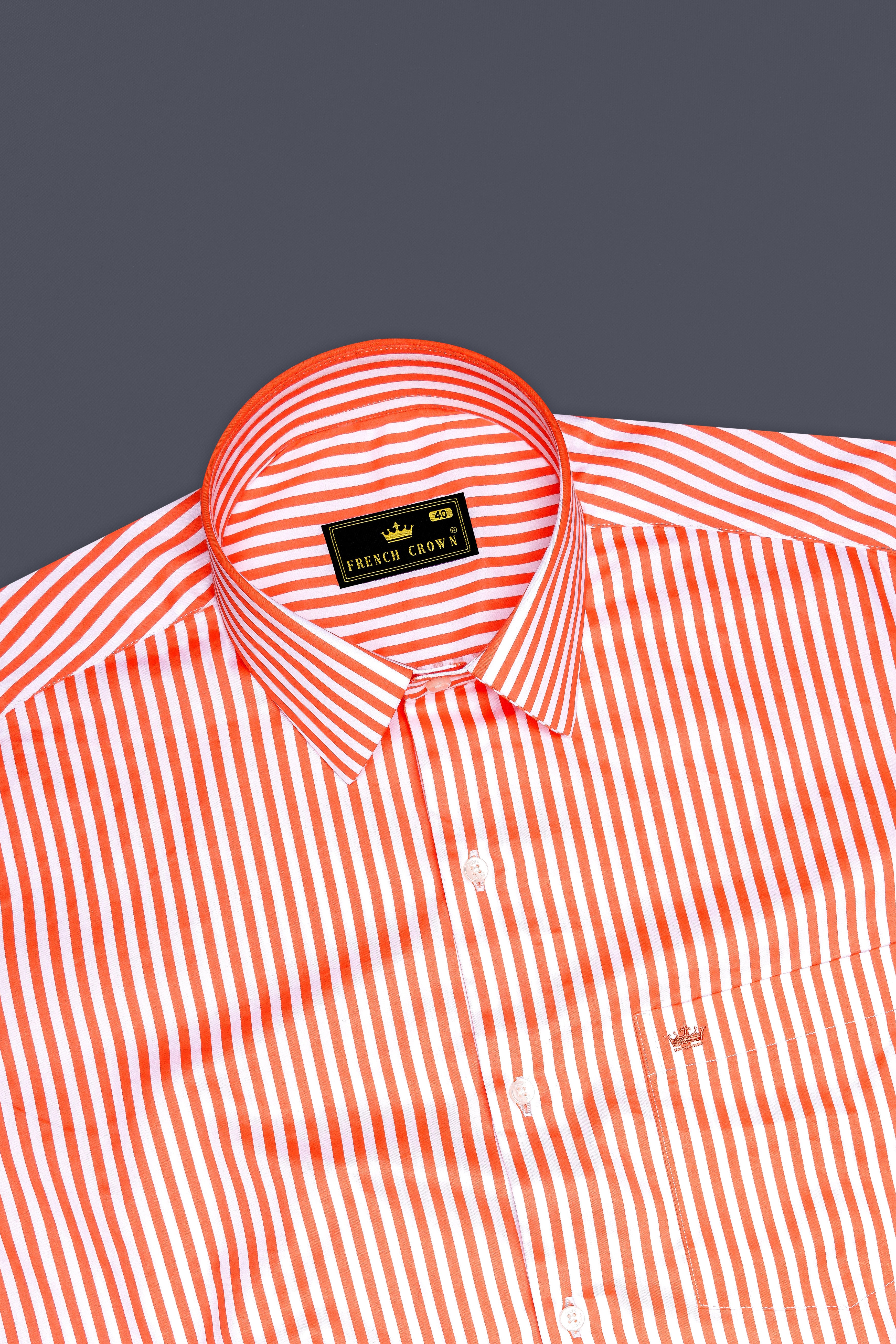 Arancio-Bittersweet Orange And Bright White Candy Striped Subtle Sheen Super Soft Premium Cotton Dress Shirt