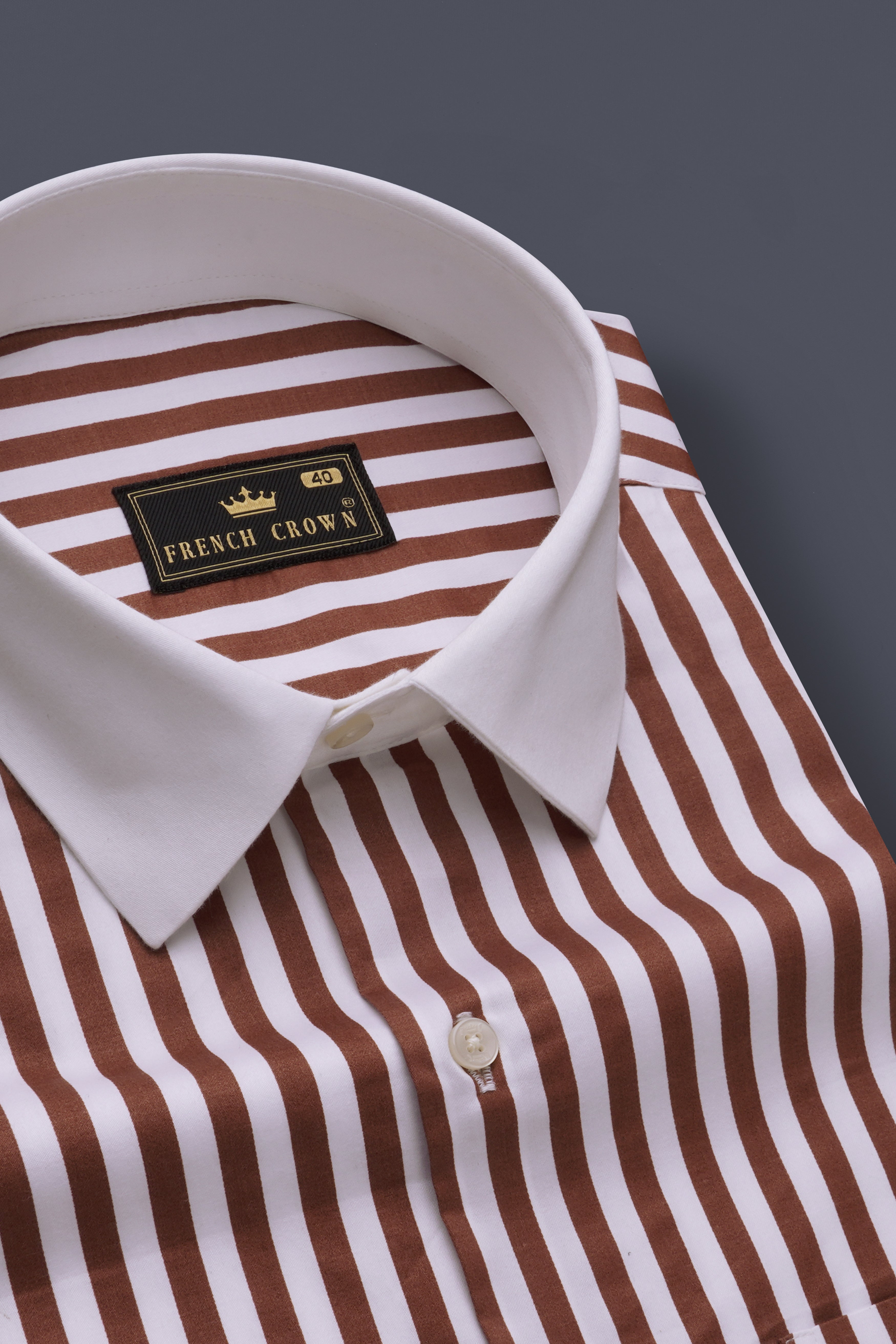 Brunoro-Ironstone Brown And Bright White Candy Striped Subtle Sheen Super Soft Premium Cotton White Cuff Collar Dress Shirt