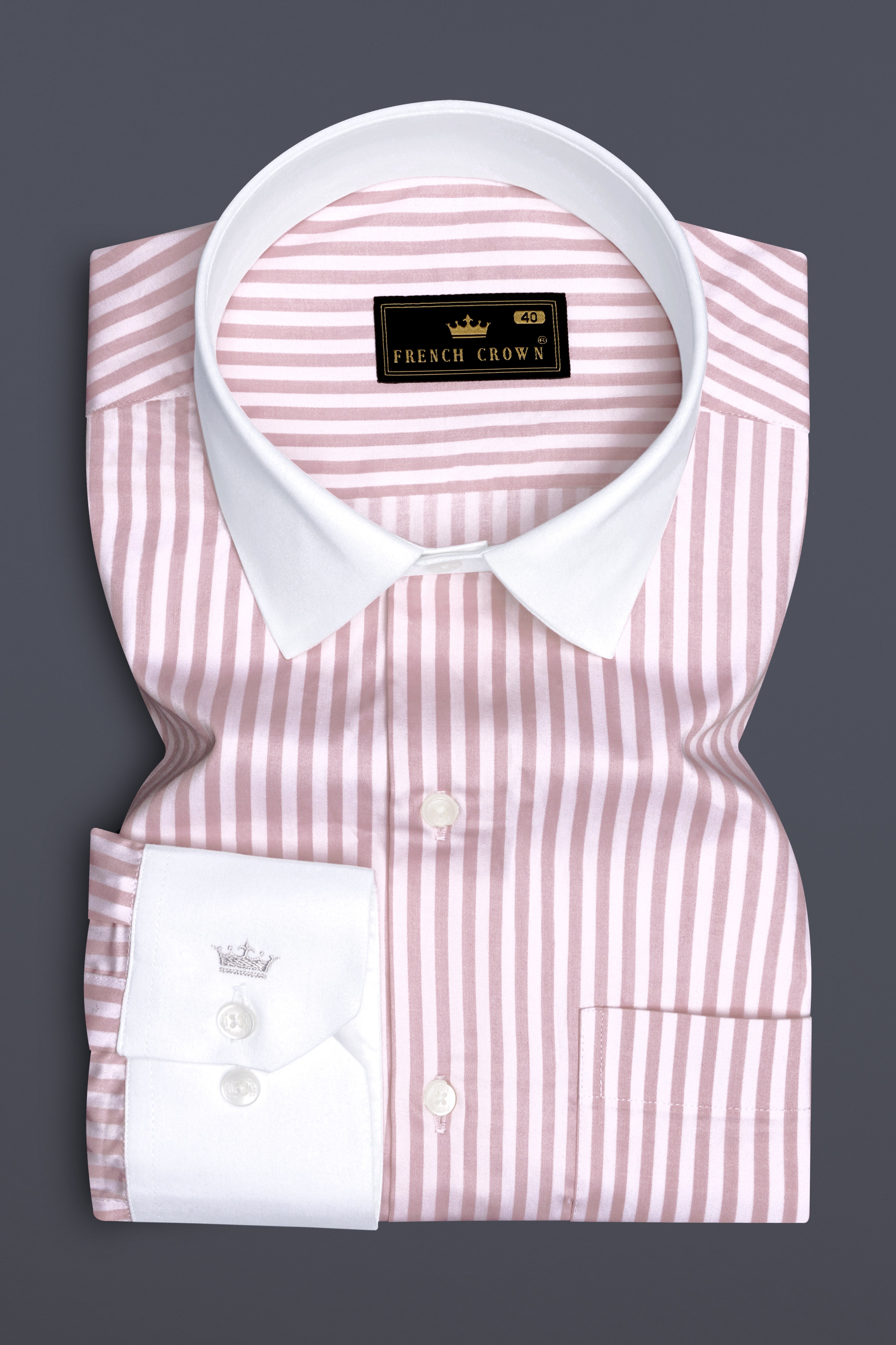 Strivaro-Oriental Pink And Bright White Candy Striped Subtle Sheen Super Soft Premium Cotton White Cuff Collar Dress Shirt