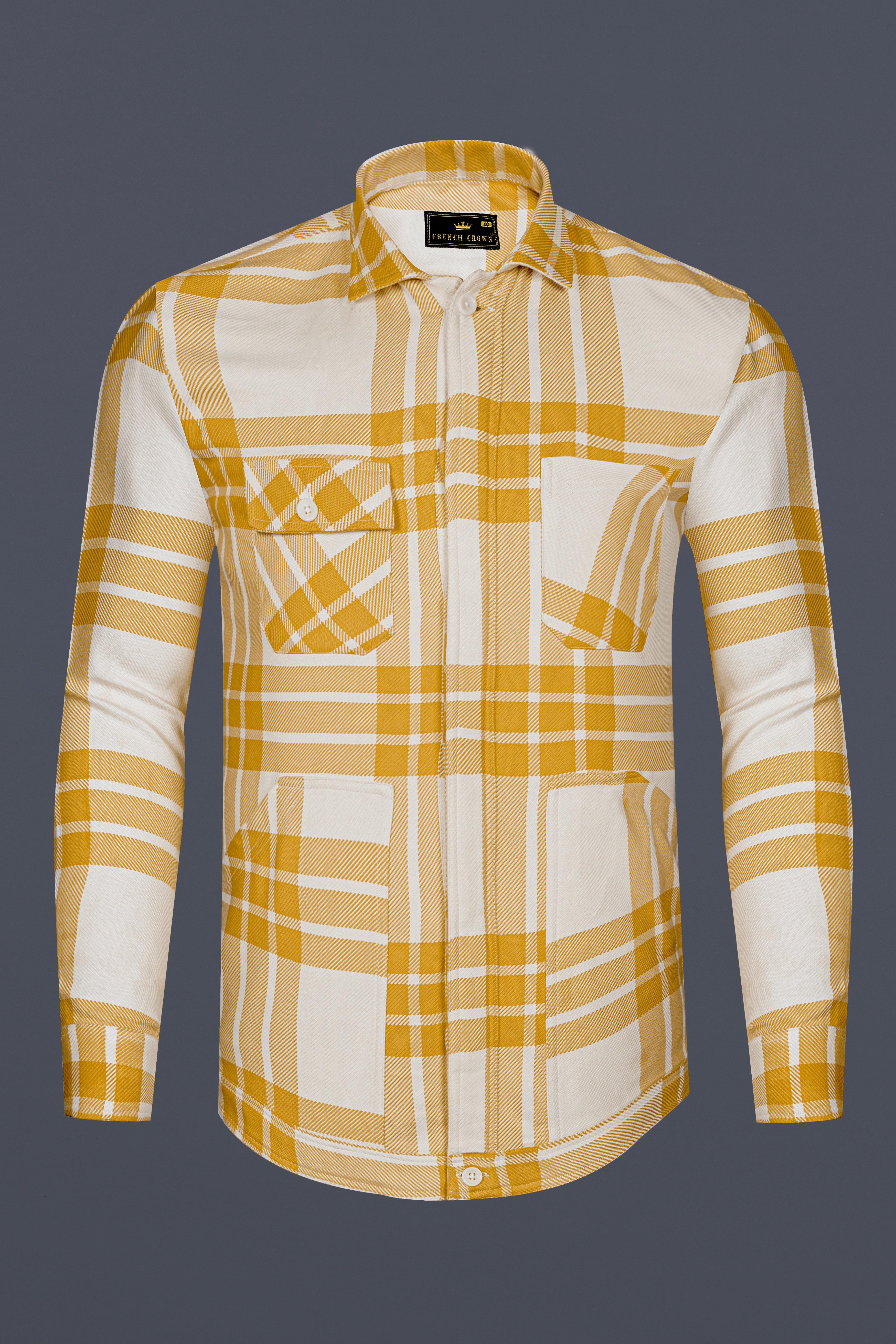 Solaro-Marigold Yellow And Bright White Plaid Heavyweight Twill Designer Overshirt/Shacket