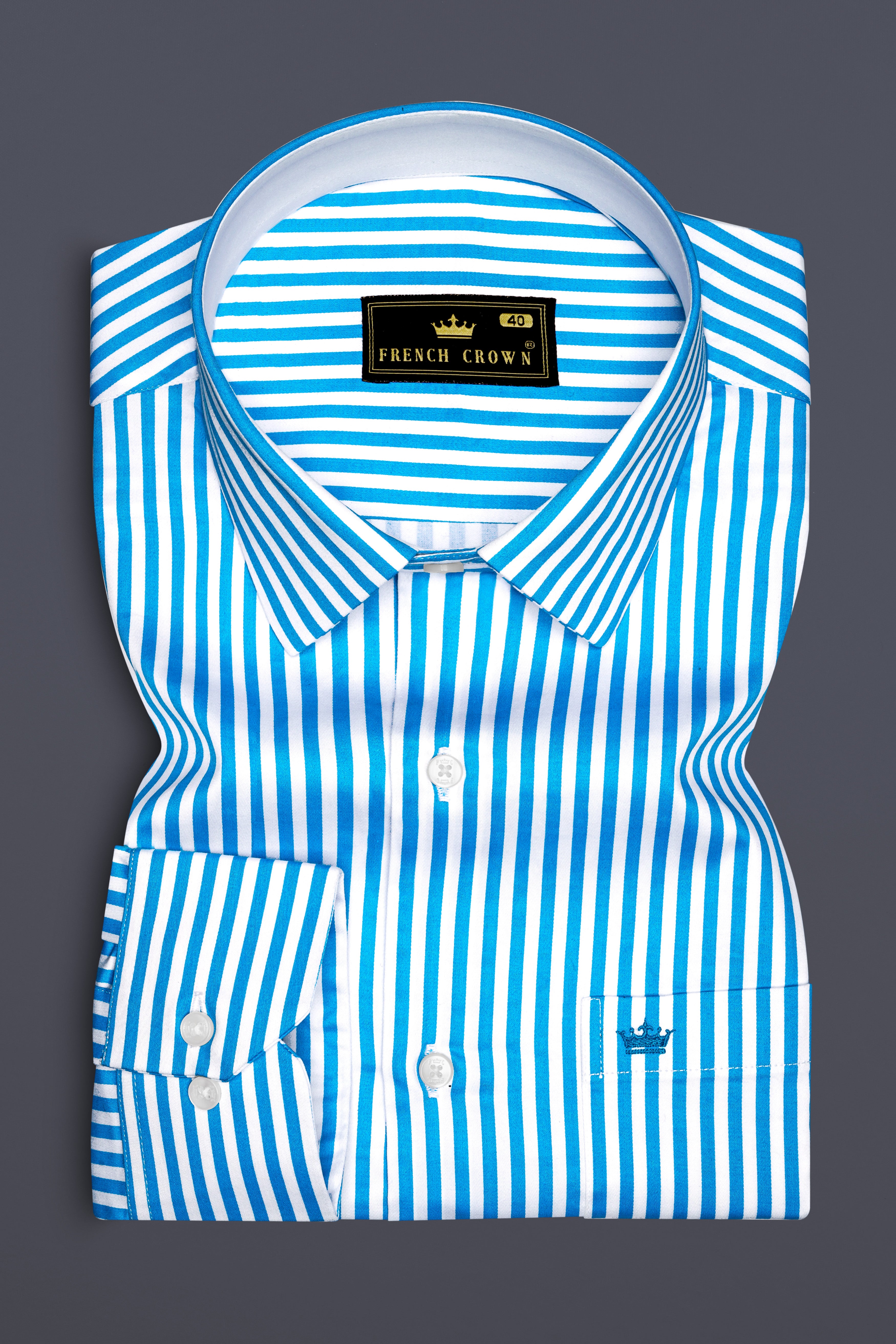 Aureline-Cerulean Blue And Bright White Candy Striped Super Soft Premium Cotton Dress Shirt