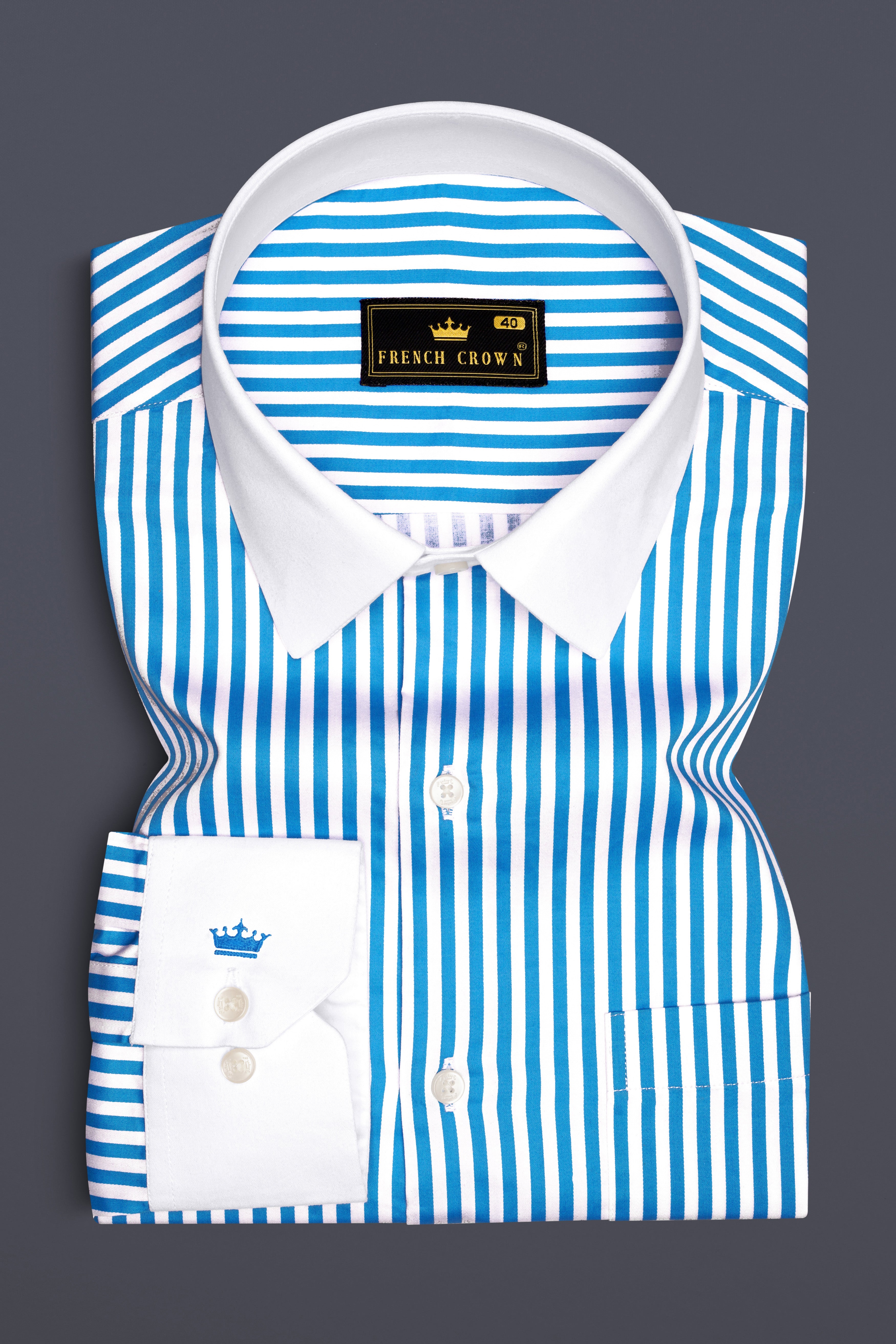 Aureline-Cerulean Blue And Bright White Candy Striped Super Soft Premium Cotton Formal White Cuff Collar Shirt