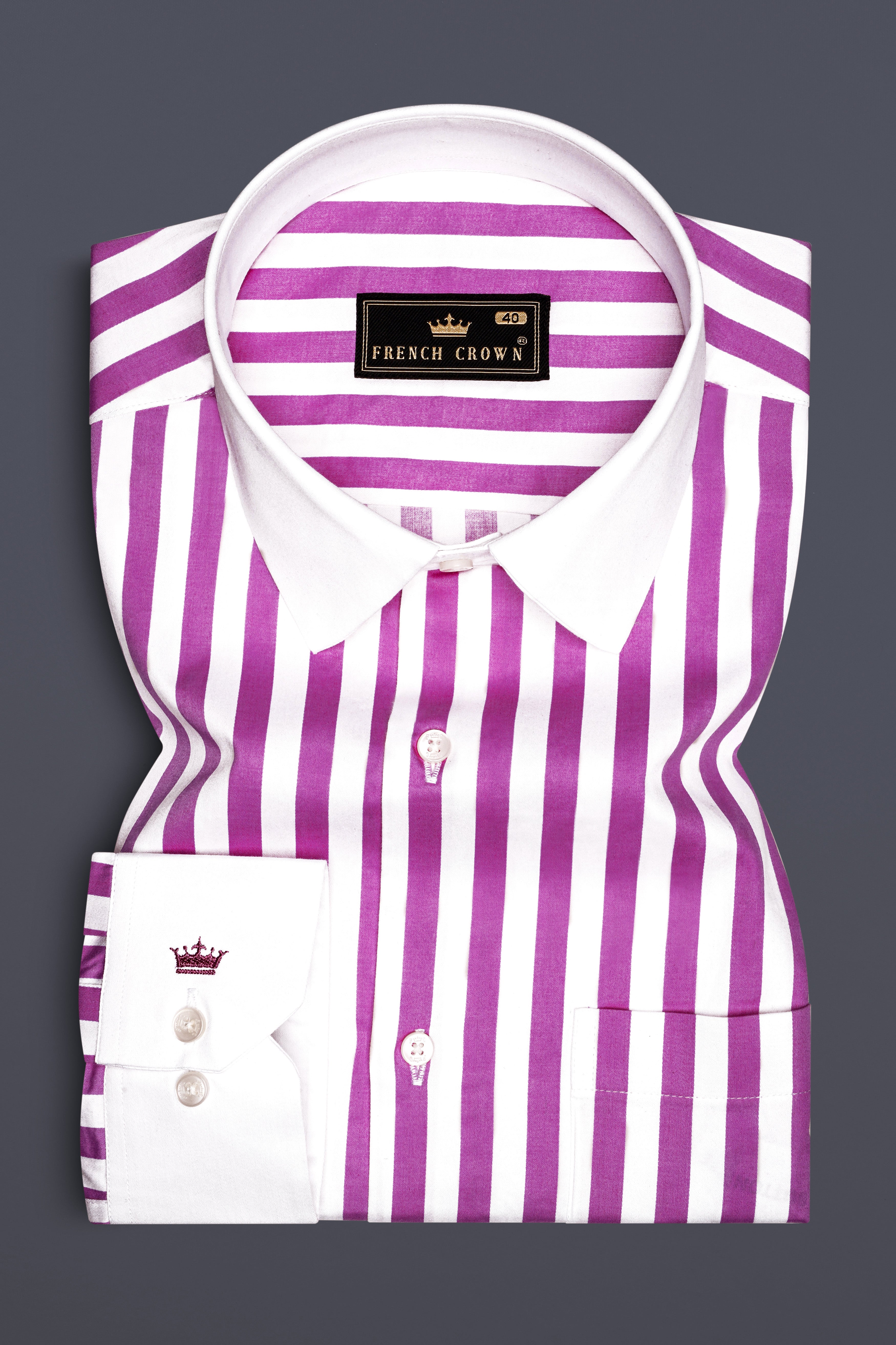Aureline-Orchid Purple And Bright White Awning Striped Super Soft Premium Cotton Formal White Cuff Collar Shirt