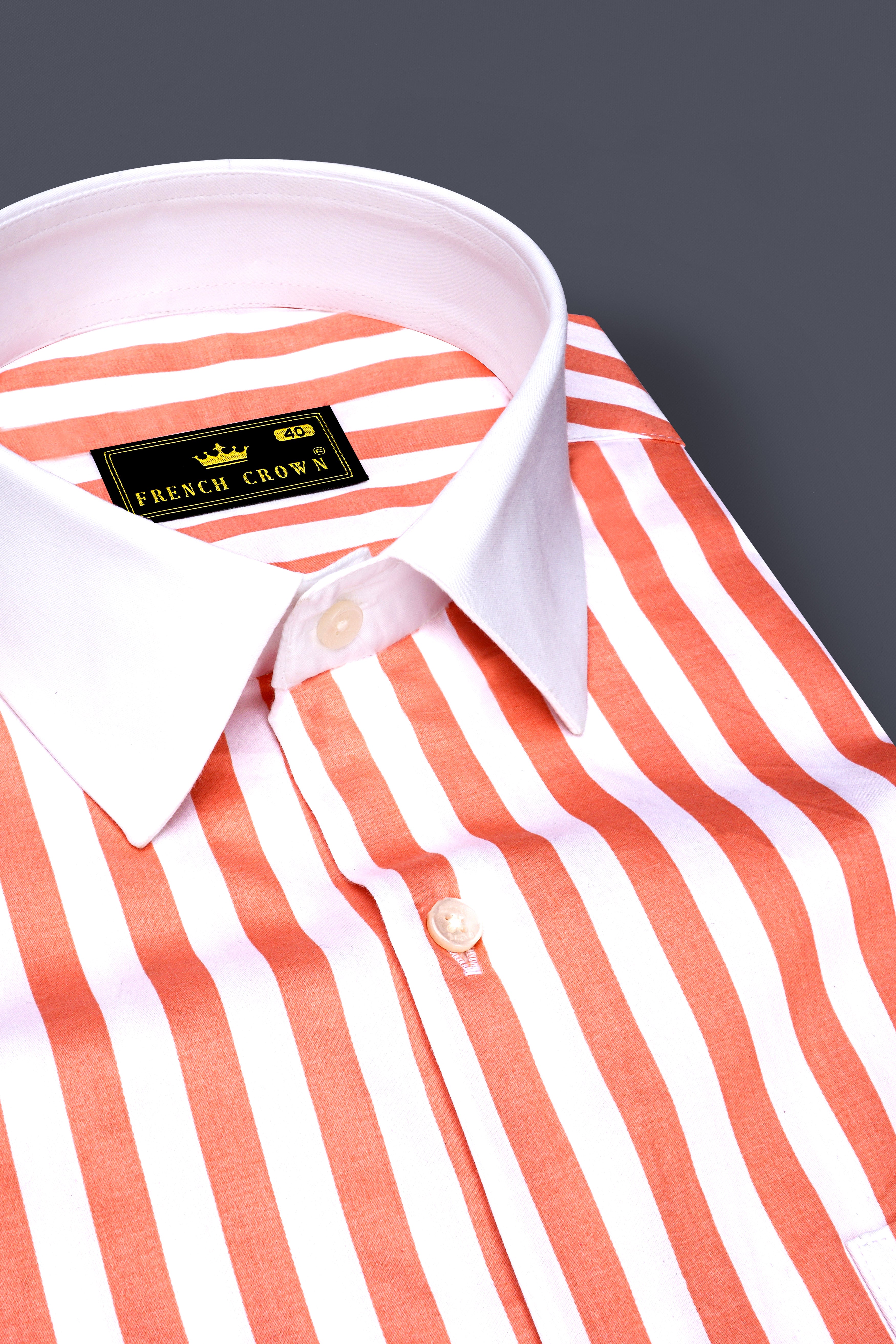 Strivaro-Apricot Peach And Bright White Awning Striped Super Soft Premium Cotton Formal White Cuff Collar Shirt