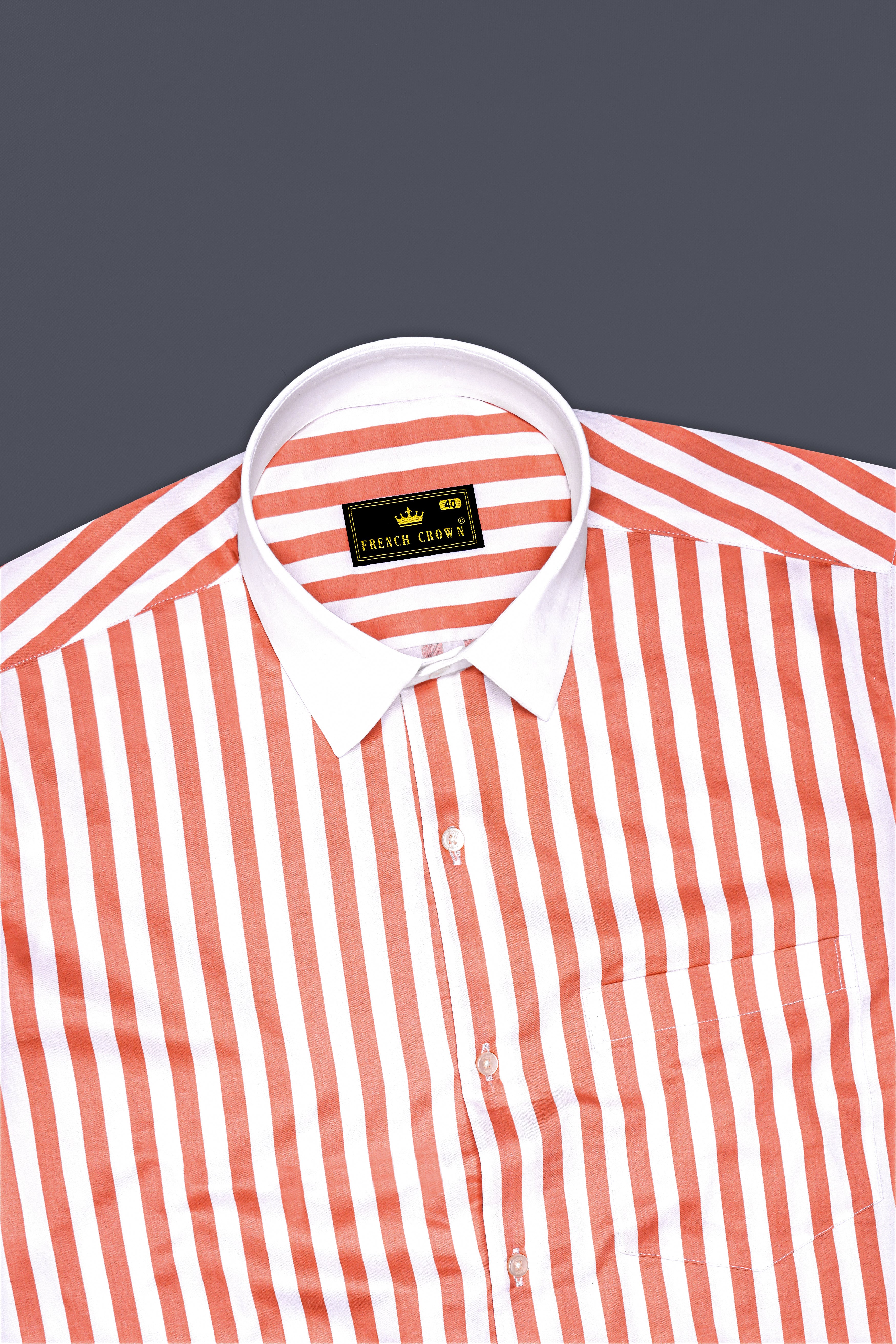 Strivaro-Apricot Peach And Bright White Awning Striped Super Soft Premium Cotton Formal White Cuff Collar Shirt