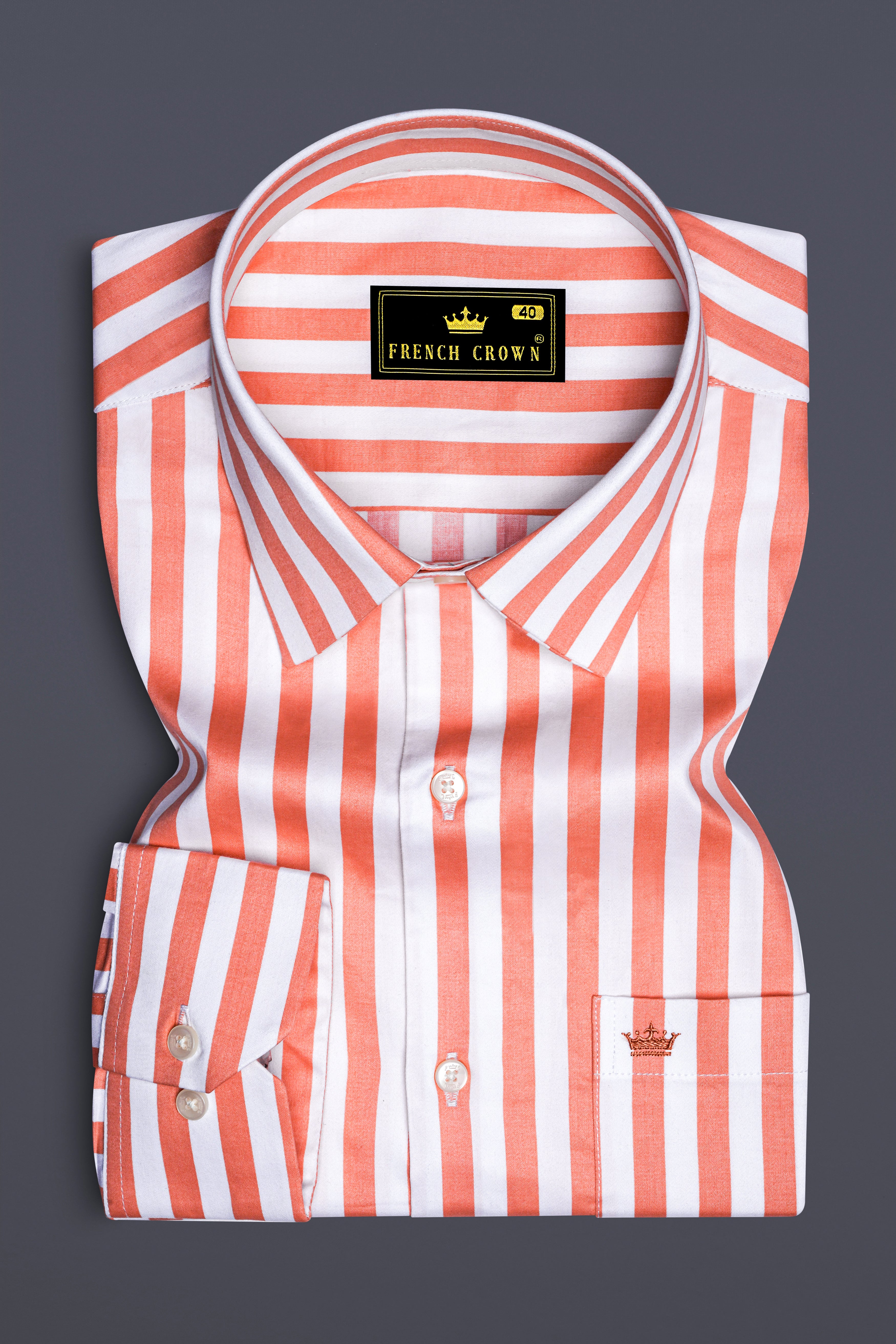 Strivaro-Apricot Peach And Bright White Awning Striped Subtle Sheen Super Soft Premium Cotton Dress Shirt