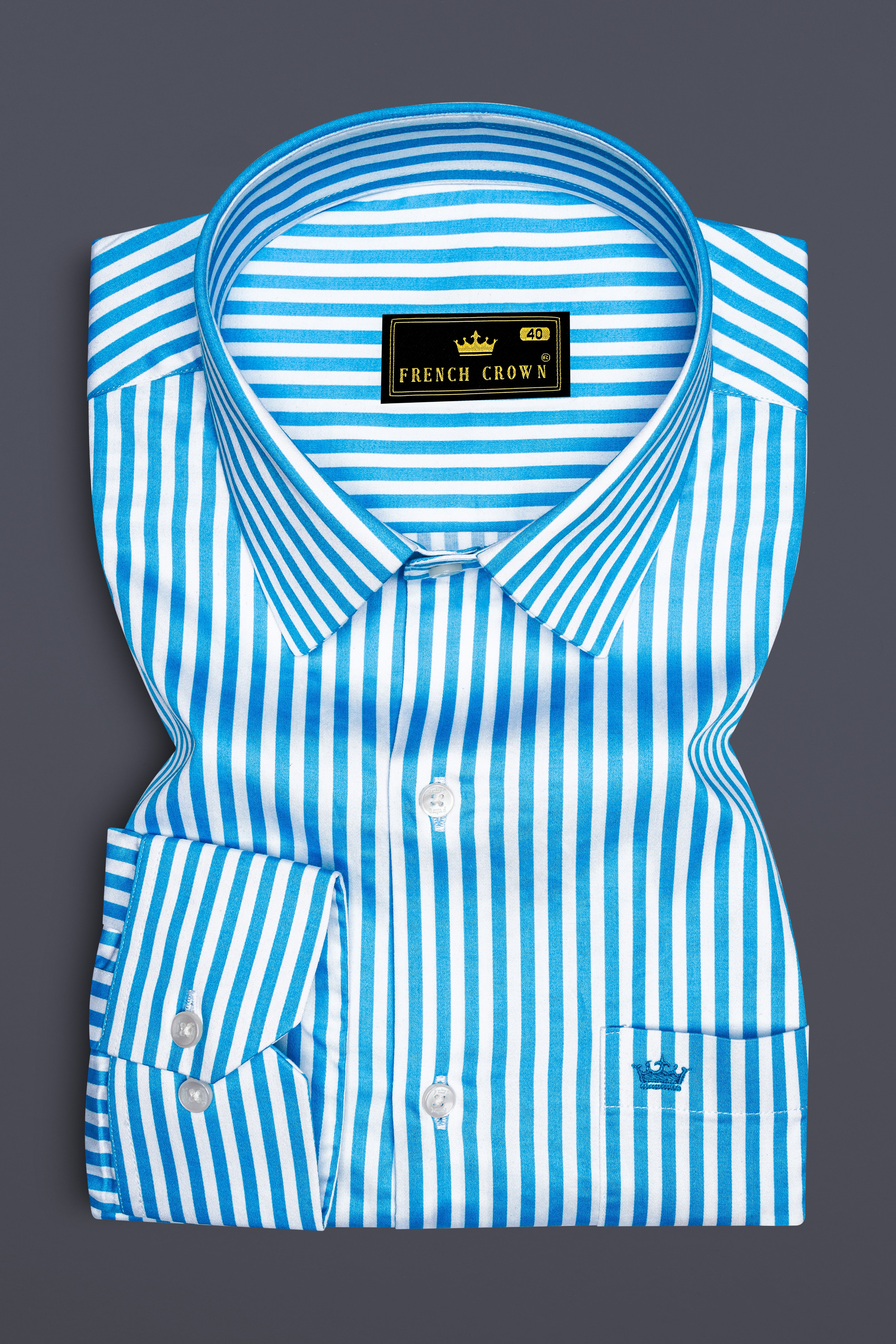 Aureline-Cerulean Blue And Bright White Candy Striped Subtle Sheen Super Soft Premium Cotton Dress Shirt