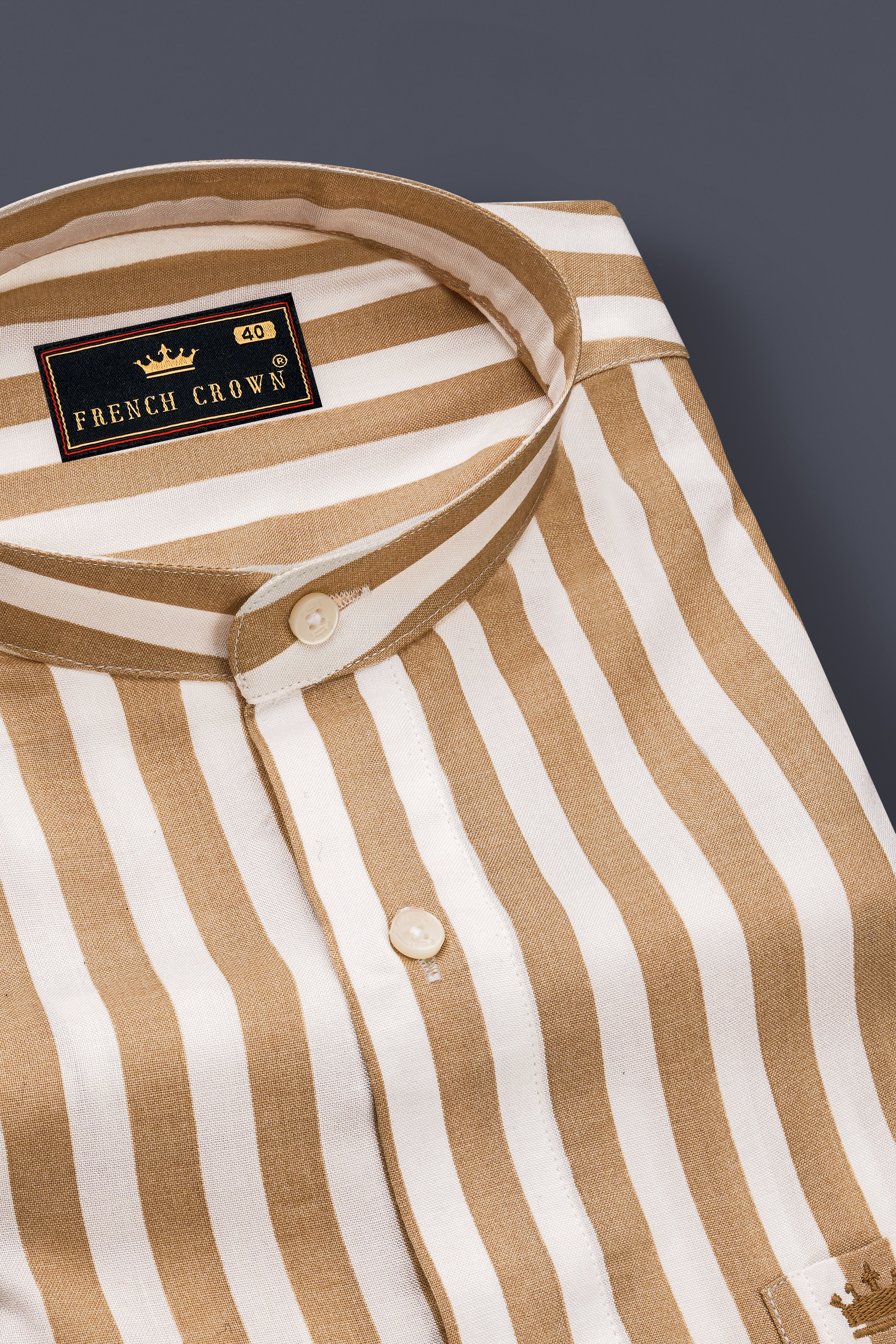 Brunoro-Sandy Brown And Bright White Striped Subtle Sheen Super Soft Premium Cotton Mandarin Dress Shirt
