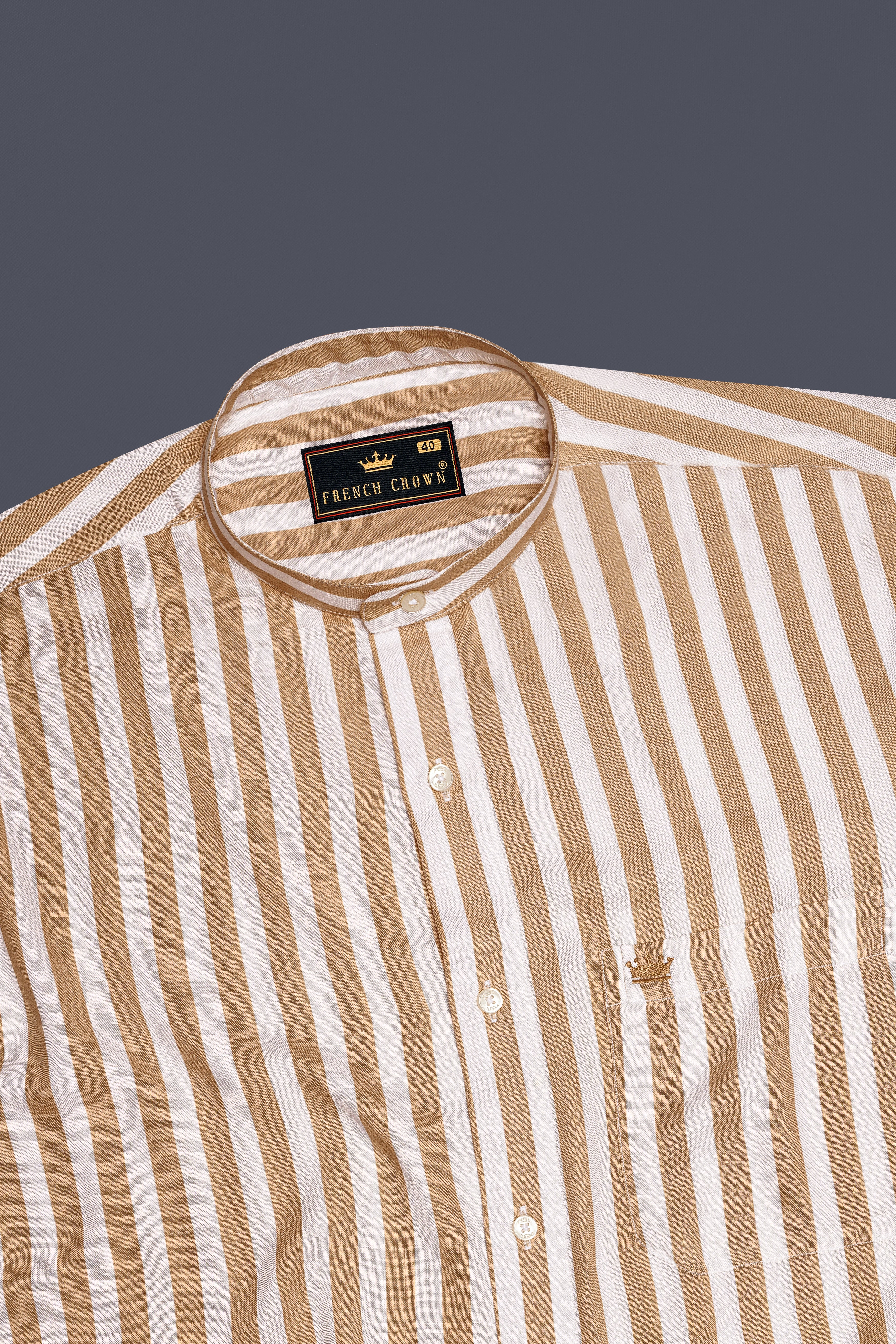 Brunoro-Sandy Brown And Bright White Striped Subtle Sheen Super Soft Premium Cotton Mandarin Dress Shirt