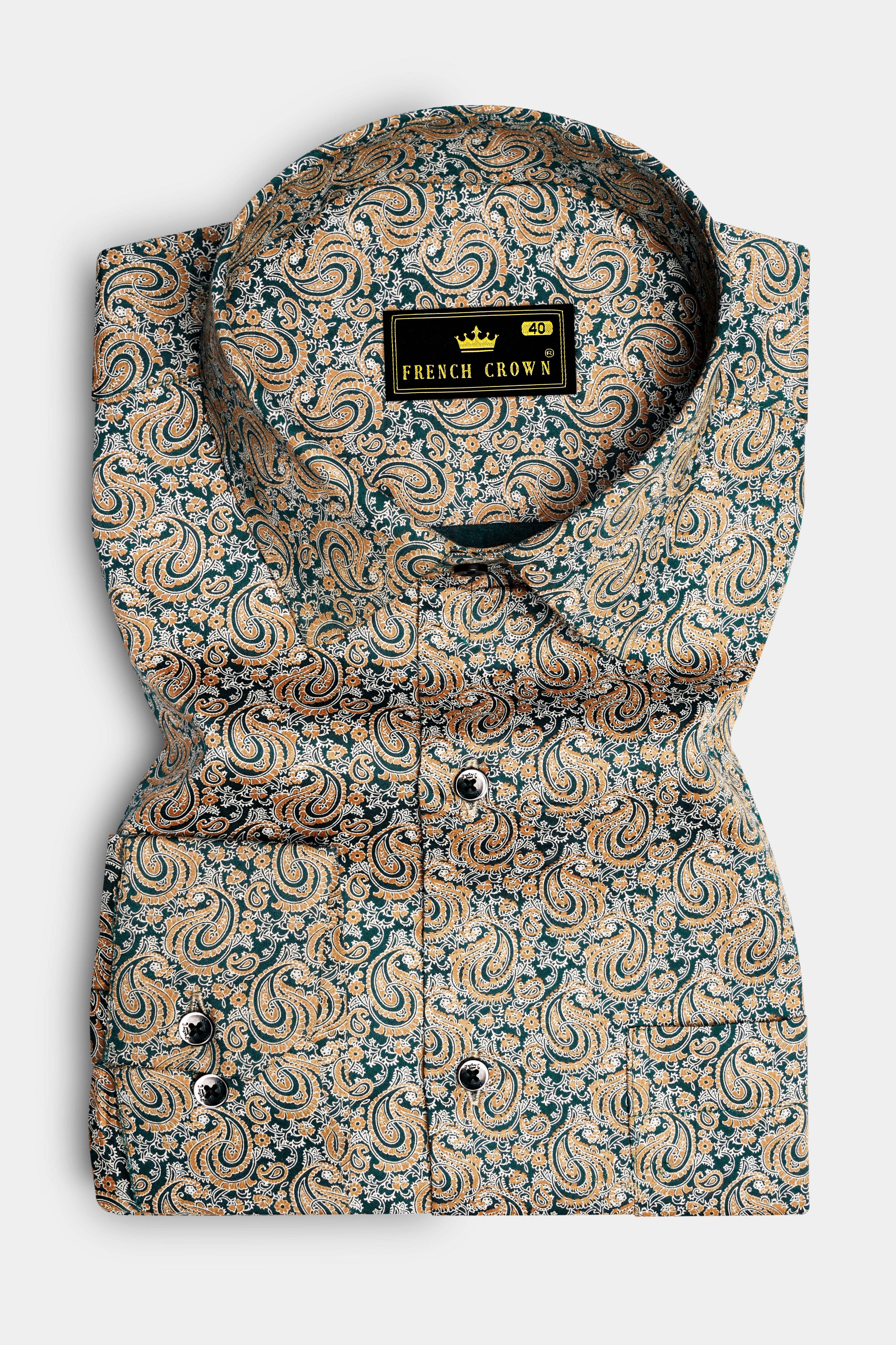 Florentis-Teal Green And Driftwood Brown Paisley Printed Premium Giza Cotton Semi Formal Shirt