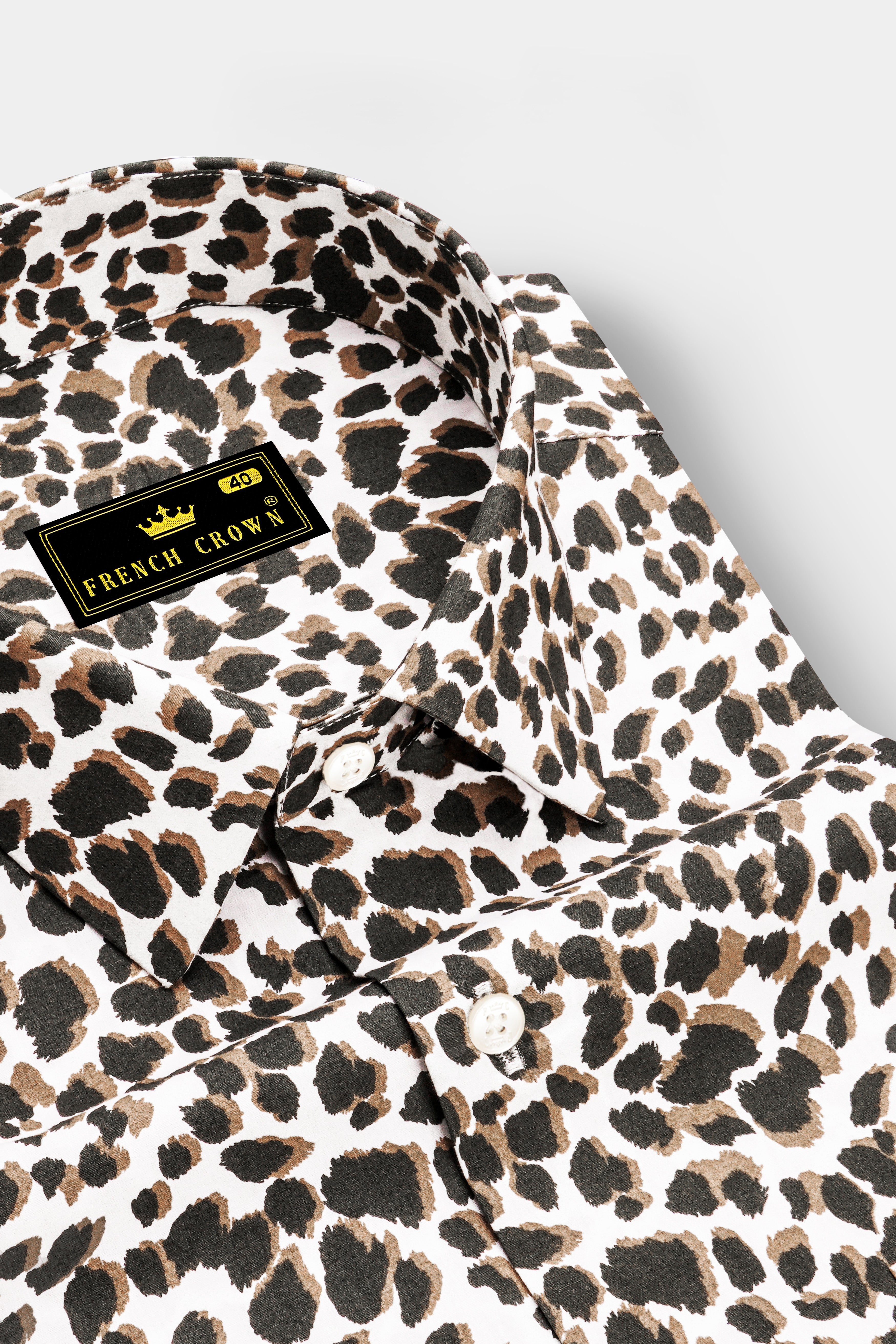 Safariq-Dune Brown And Bright White Leopard Printed Premium Cotton Casual Shirt
