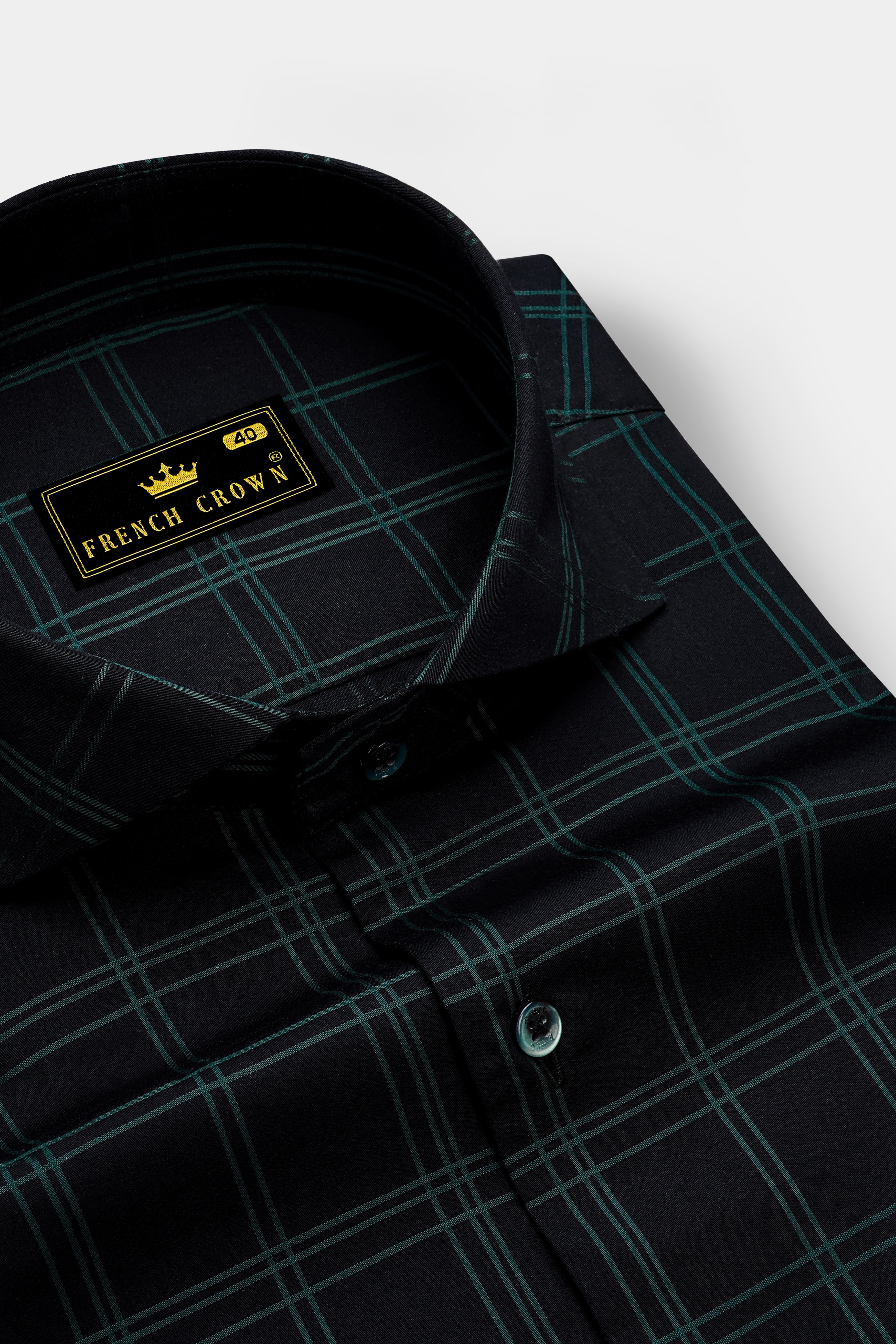 Verdant-Jade Black And Slate Green Plaid Dobby Textured Premium Giza Cotton Dress Shirt