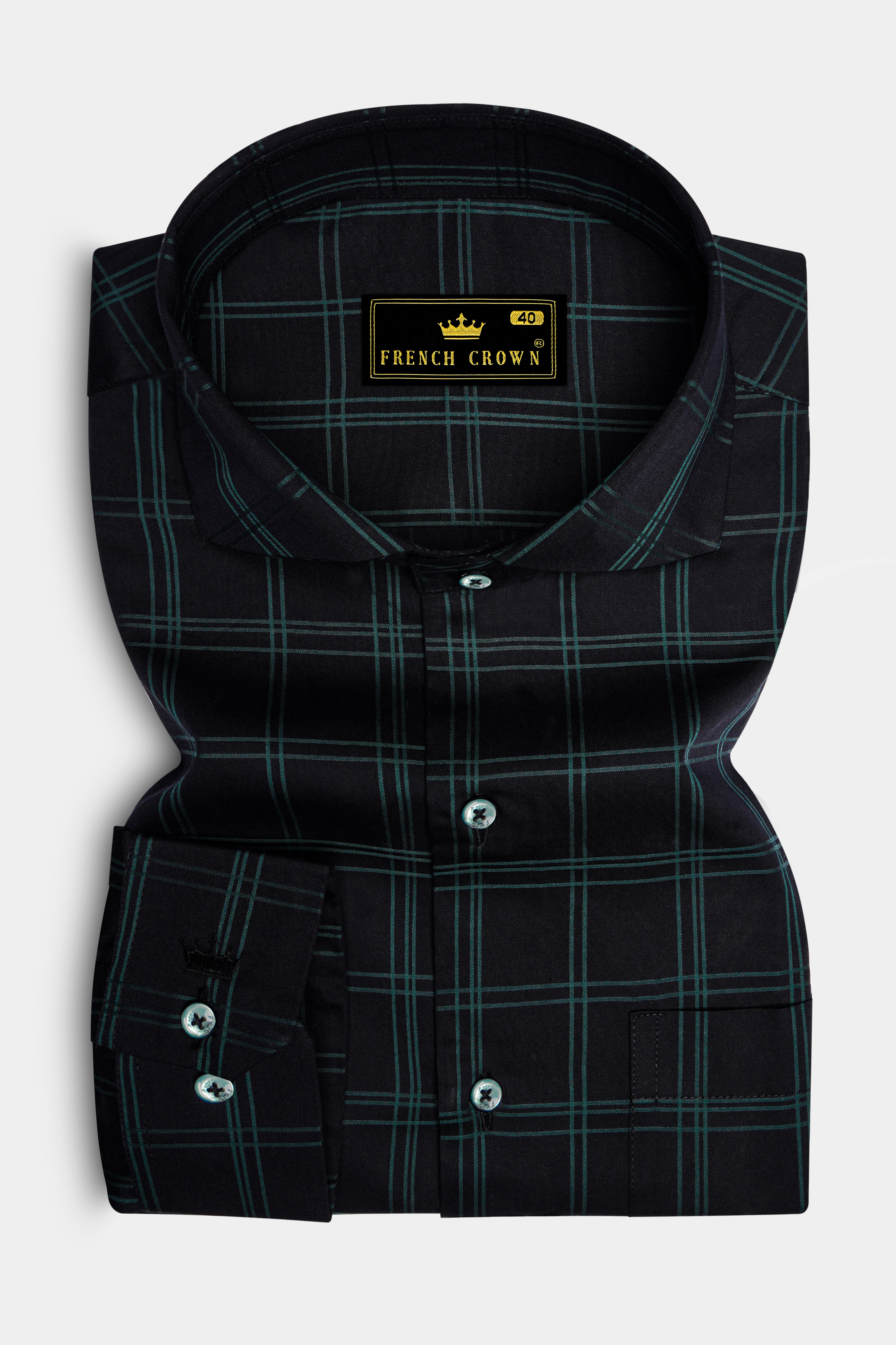 Verdant-Jade Black And Slate Green Plaid Dobby Textured Premium Giza Cotton Dress Shirt