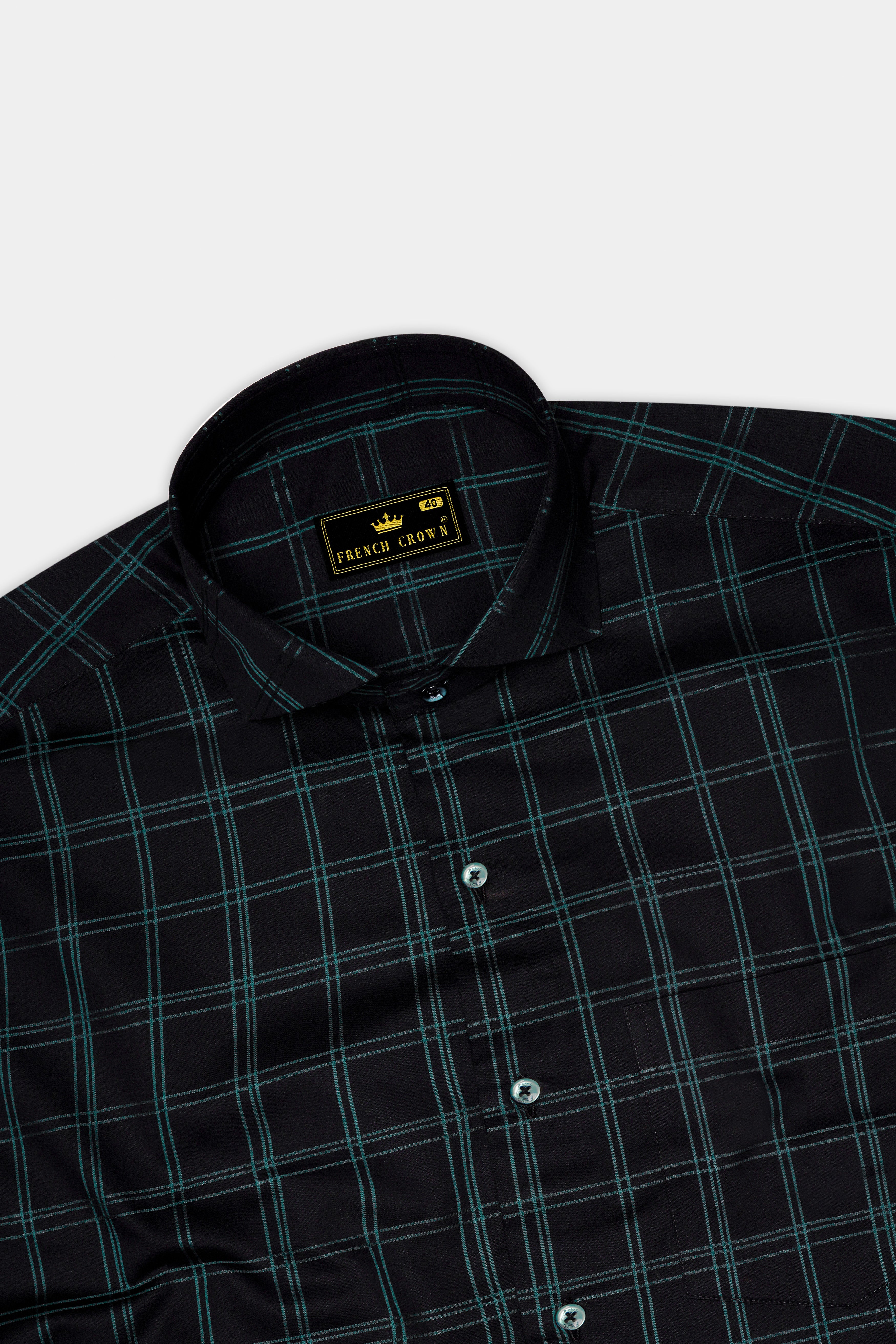 Verdant-Jade Black And Slate Green Plaid Dobby Textured Premium Giza Cotton Dress Shirt