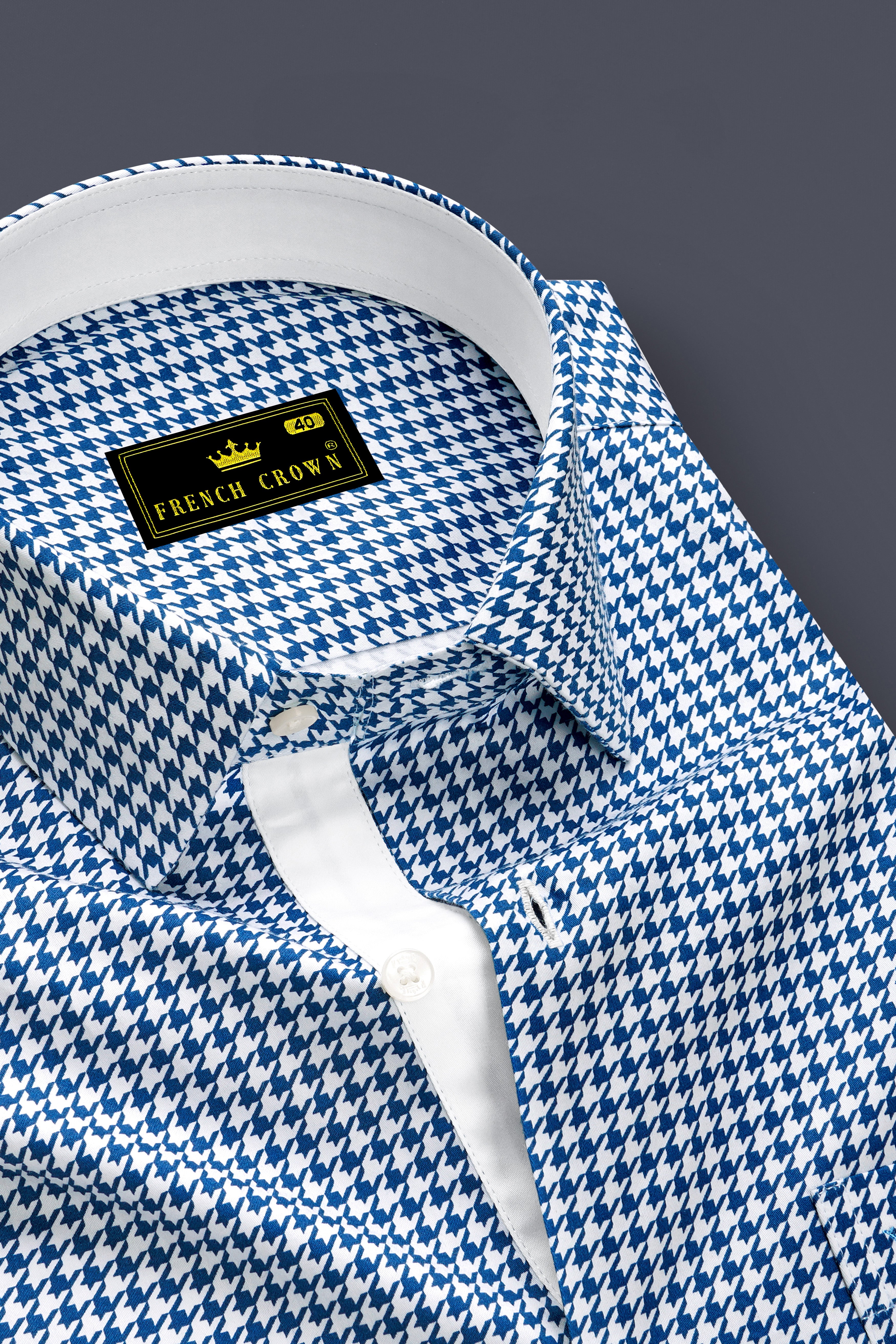 Creston-Lapis Blue And Bright White Houndstooth Printed Super Soft Premium Cotton Dress Shirt