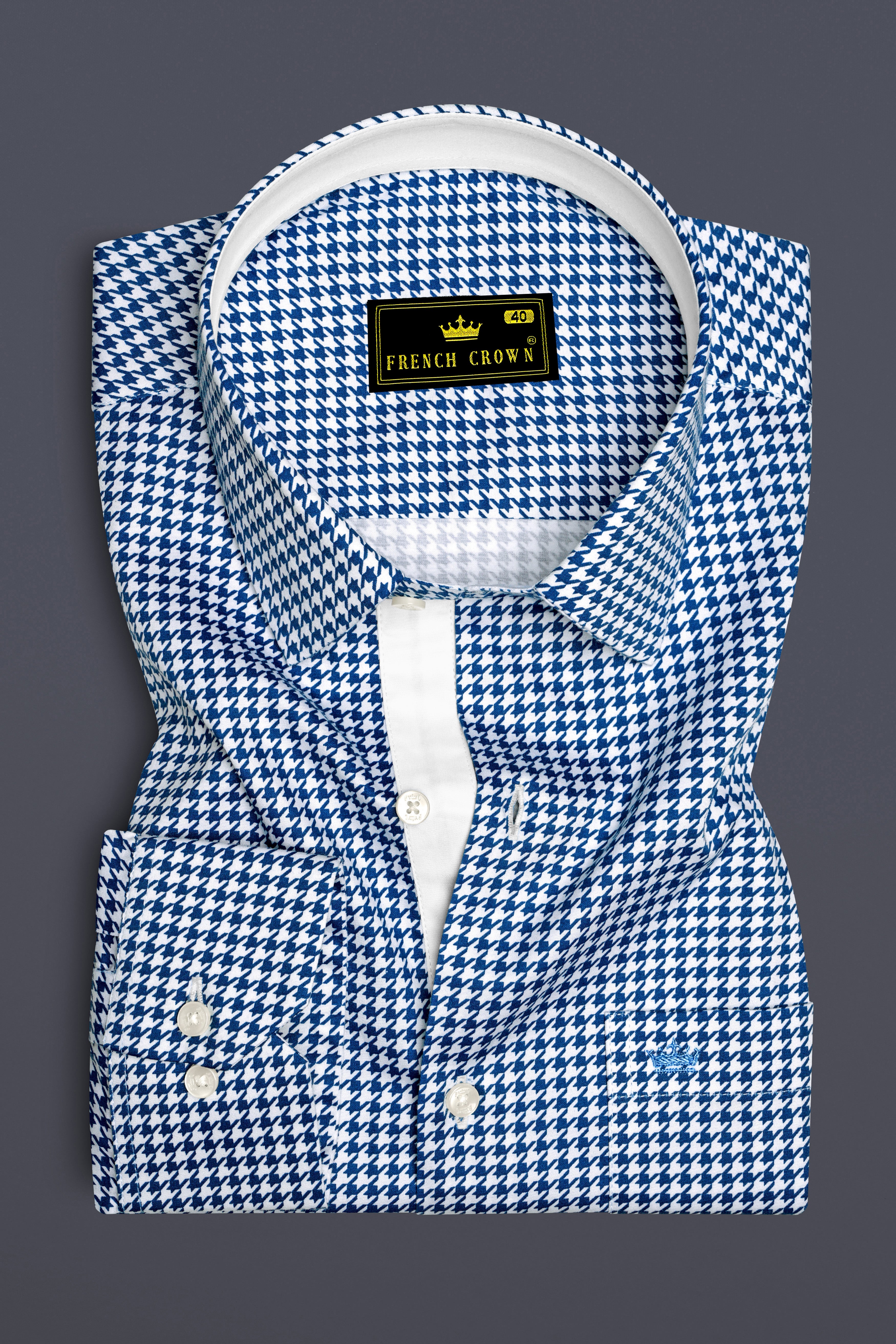 Creston-Lapis Blue And Bright White Houndstooth Printed Super Soft Premium Cotton Dress Shirt 14165-CLOTH-P-38, 14165-CLOTH-P-H-38, 14165-CLOTH-P-39, 14165-CLOTH-P-H-39, 14165-CLOTH-P-40, 14165-CLOTH-P-H-40, 14165-CLOTH-P-42, 14165-CLOTH-P-H-42, 14165-CLOTH-P-44, 14165-CLOTH-P-H-44, 14165-CLOTH-P-46, 14165-CLOTH-P-H-46, 14165-CLOTH-P-48, 14165-CLOTH-P-H-48, 14165-CLOTH-P-50, 14165-CLOTH-P-H-50, 14165-CLOTH-P-52, 14165-CLOTH-P-H-52