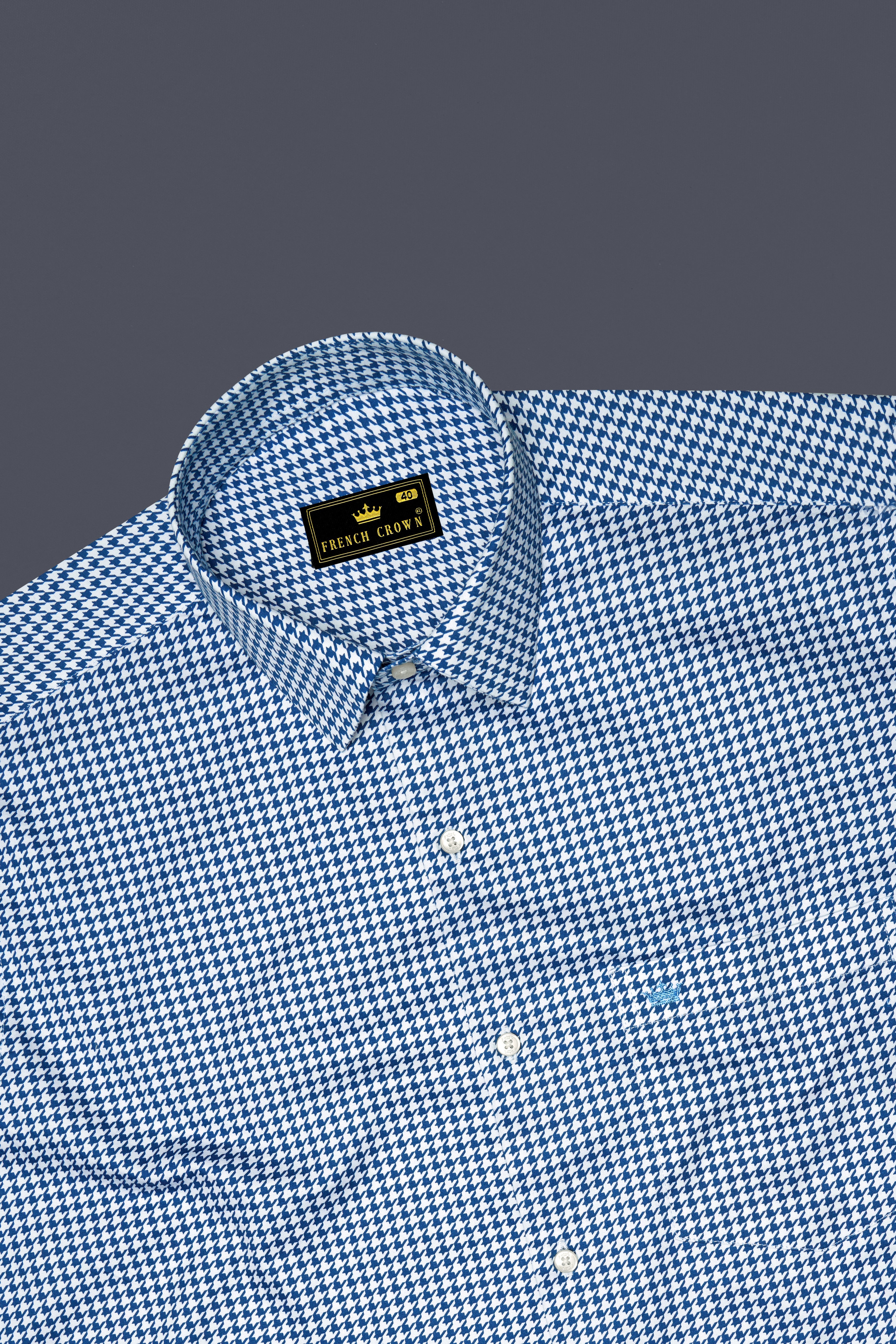 Creston-Lapis Blue And Bright White Houndstooth Printed Subtle Sheen Super Soft Premium Cotton Dress Shirt