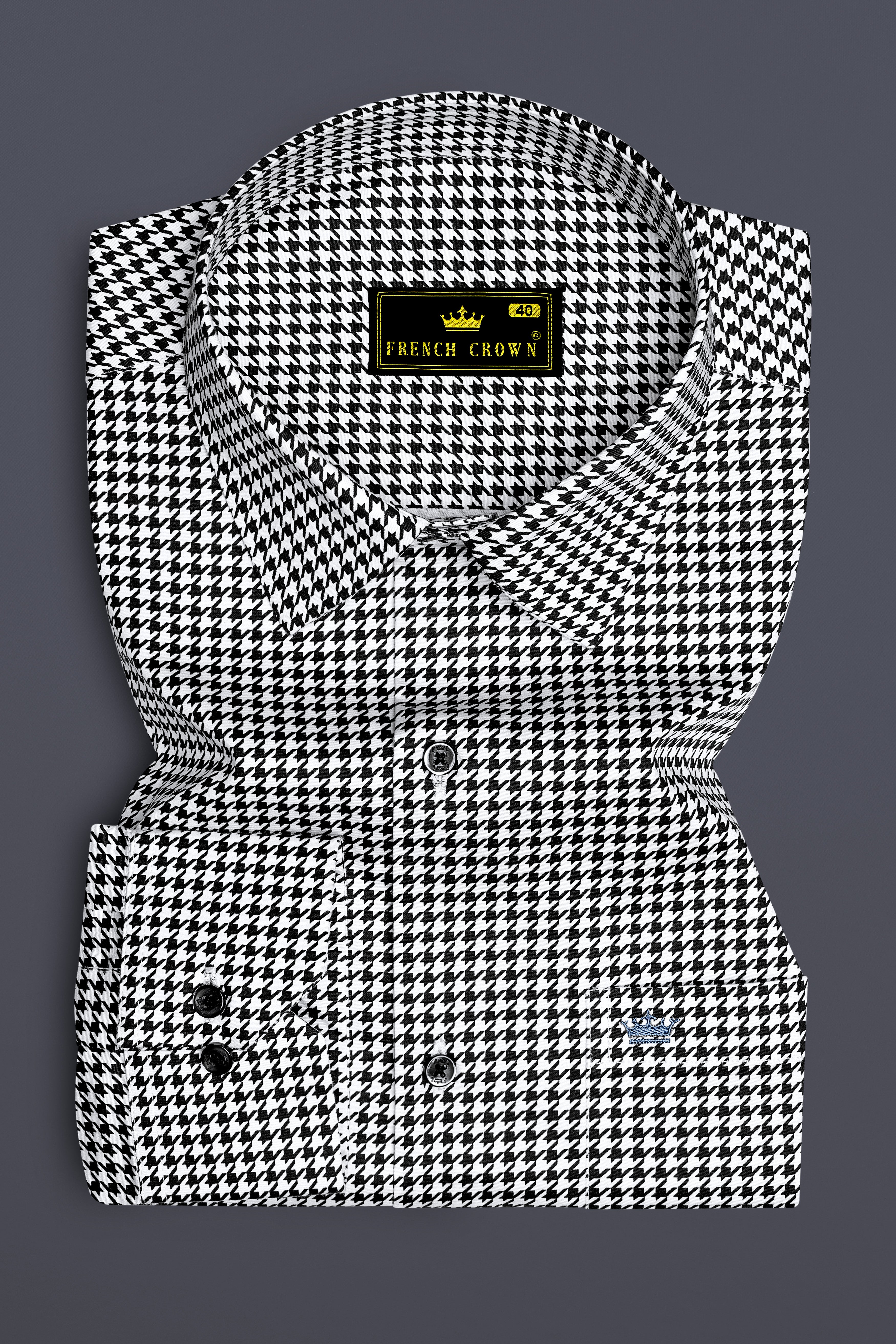 Regalis-Jade Black And Bright White Houndstooth Printed Subtle Sheen Super Soft Premium Cotton Dress Shirt