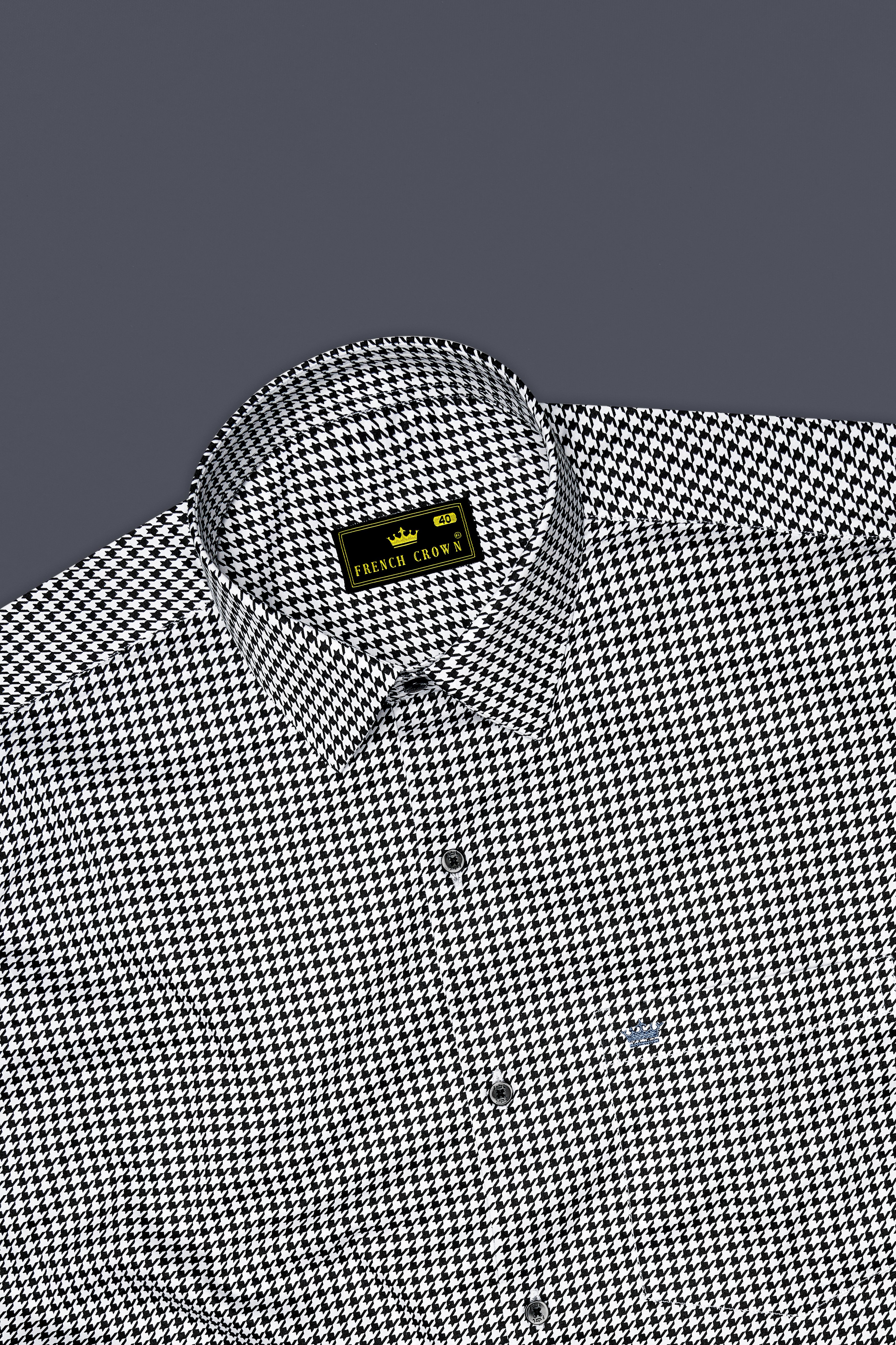 Regalis-Jade Black And Bright White Houndstooth Printed Subtle Sheen Super Soft Premium Cotton Dress Shirt
