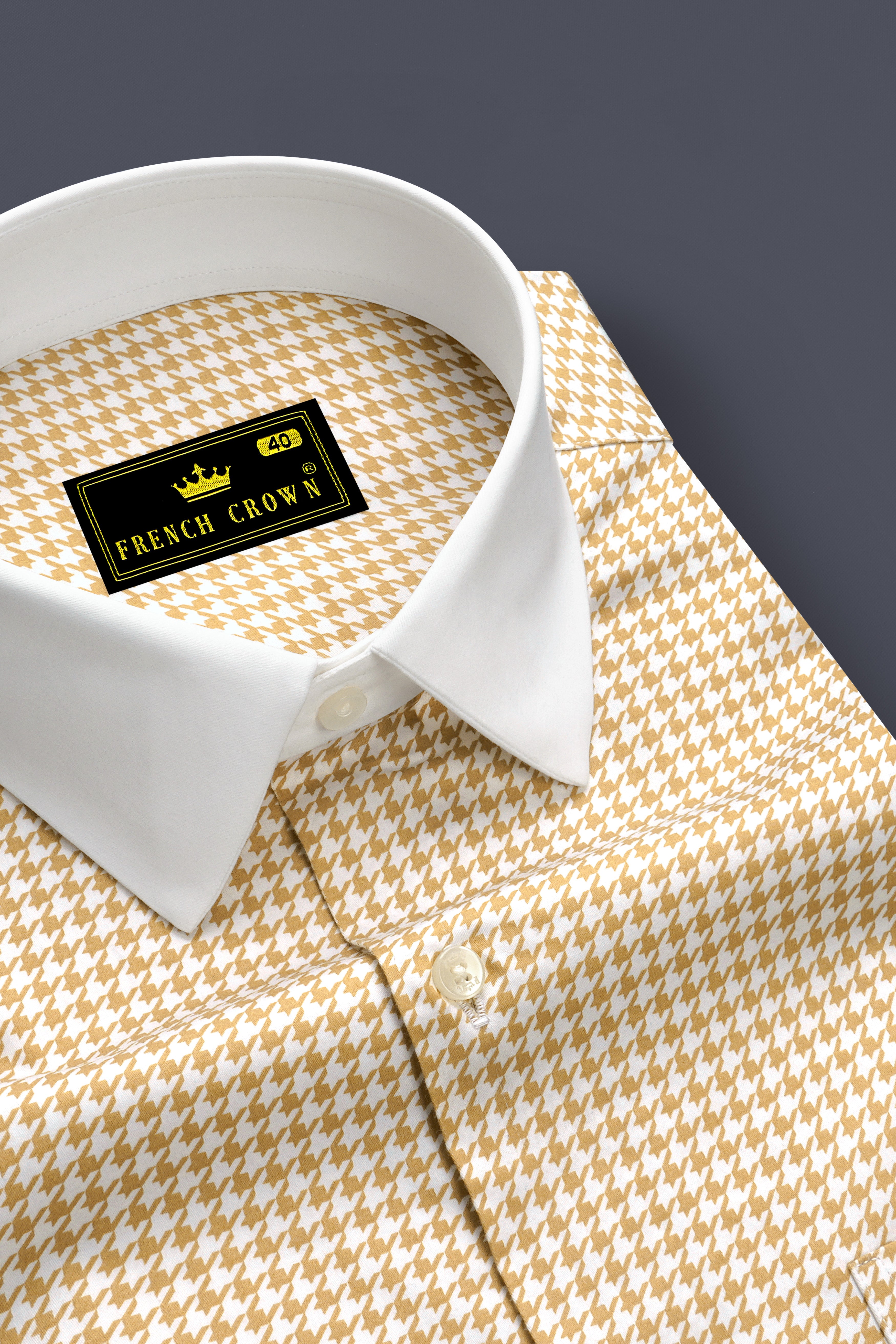 Rustiq-Barley Brown And Bright White Houndstooth Printed Super Soft Premium Cotton Dress White Cuff Collar Shirt