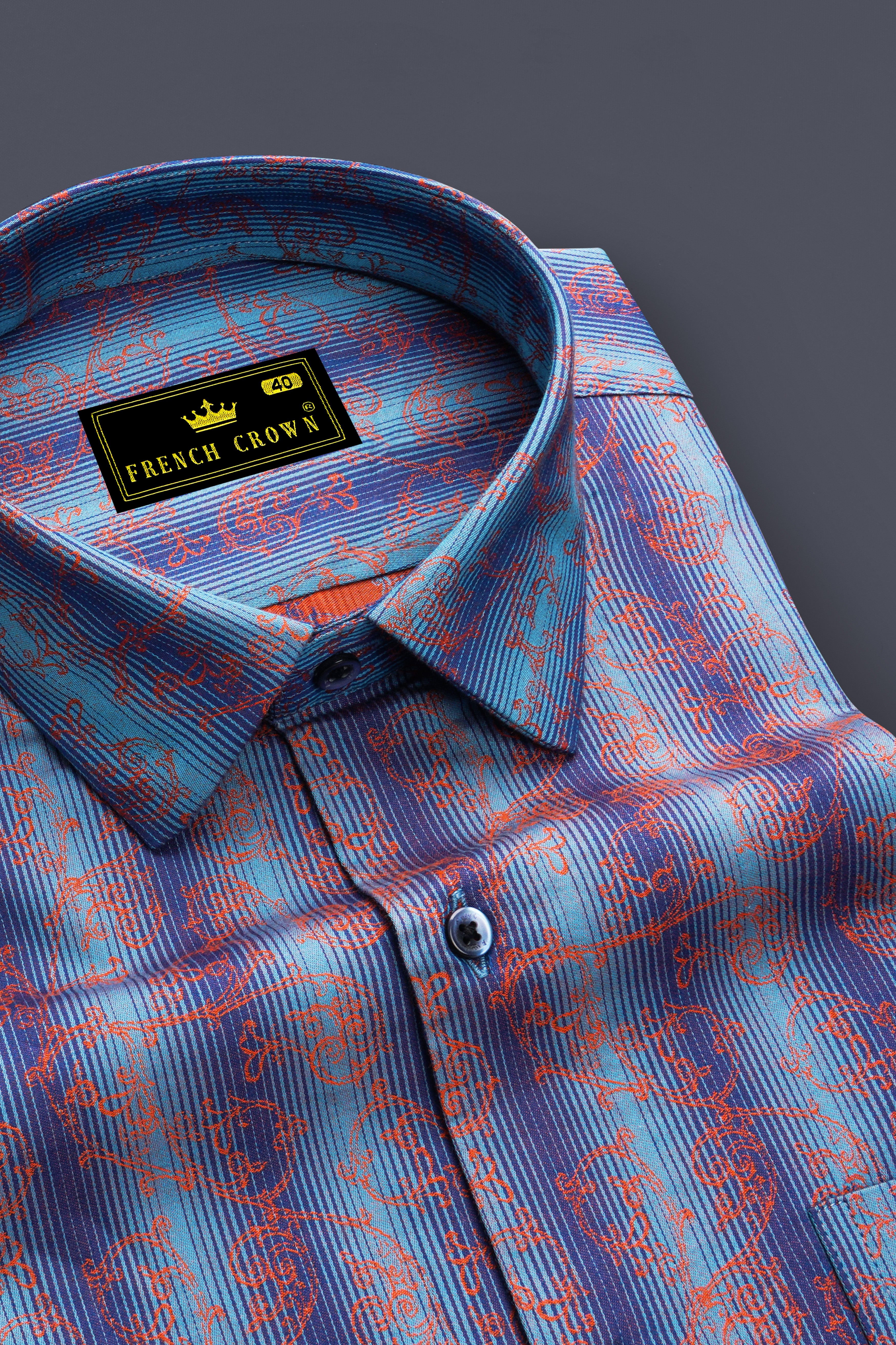 Botanoro-Cornflower Blue And Sandy Orange Floral Vine Jacquard Textured Premium Cotton Semi Formal Shirt